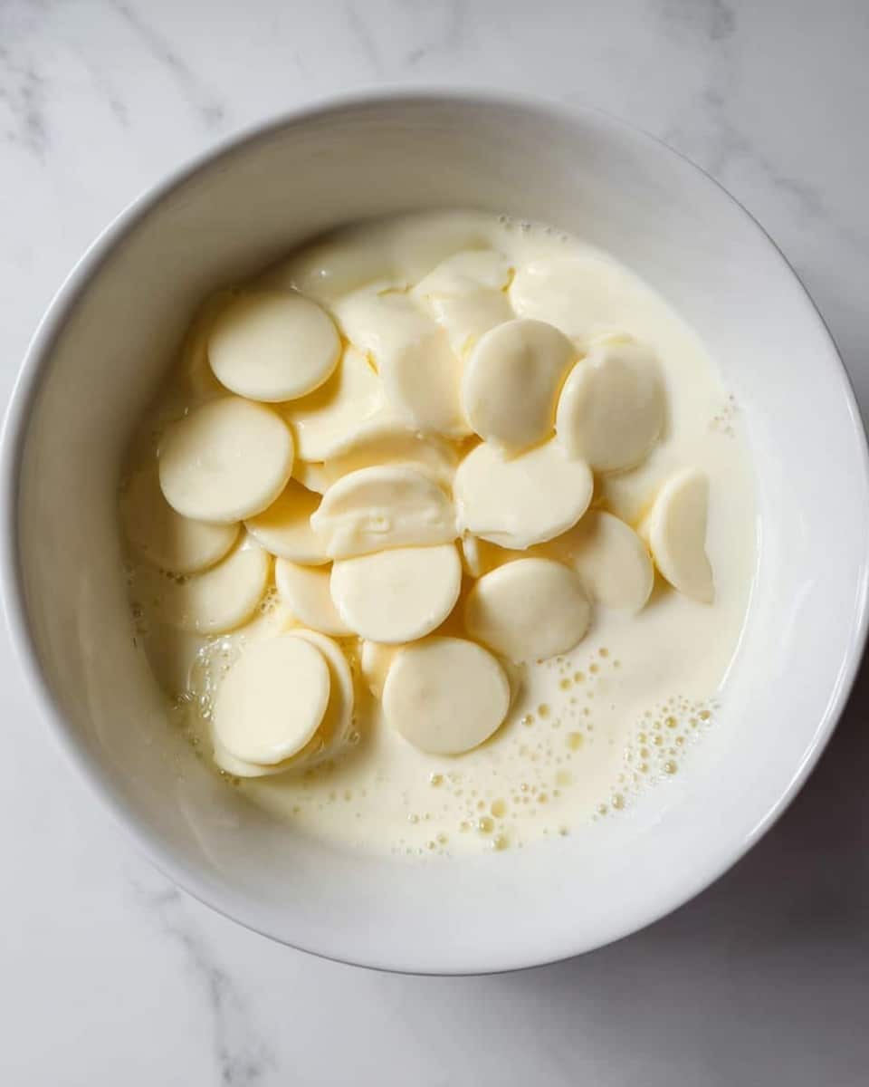 A white bowl filled with a layer of white cream or milk at the bottom, topped with a thick layer of smooth, round, white chocolate discs that are partly melting into the cream, creating a soft texture with slight bubbles around the edges, placed on a white marbled surface. photo taken with an iphone --ar 4:5 --v 7