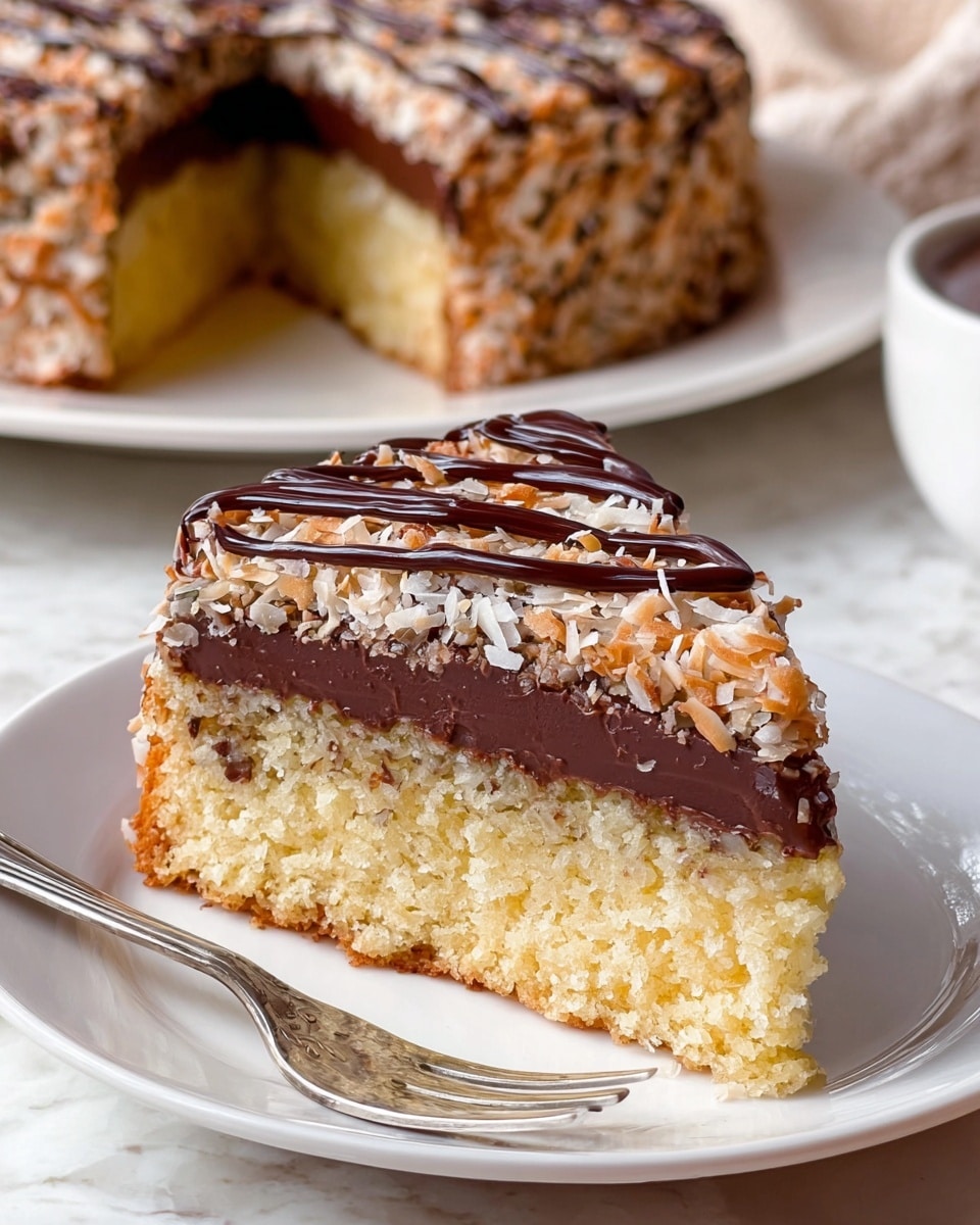 A slice of three-layer cake on a white plate is shown; the bottom layer is a light yellow soft cake, the middle layer is a smooth dark chocolate spread, and the top layer is a thick, textured mix of shredded coconut and nuts with dark chocolate drizzles on top. Behind it, the full cake with the same three layers is seen on a white plate. The scene sits on a white marbled surface, and a silver fork rests beside the slice. Photo taken with an iphone --ar 4:5 --v 7