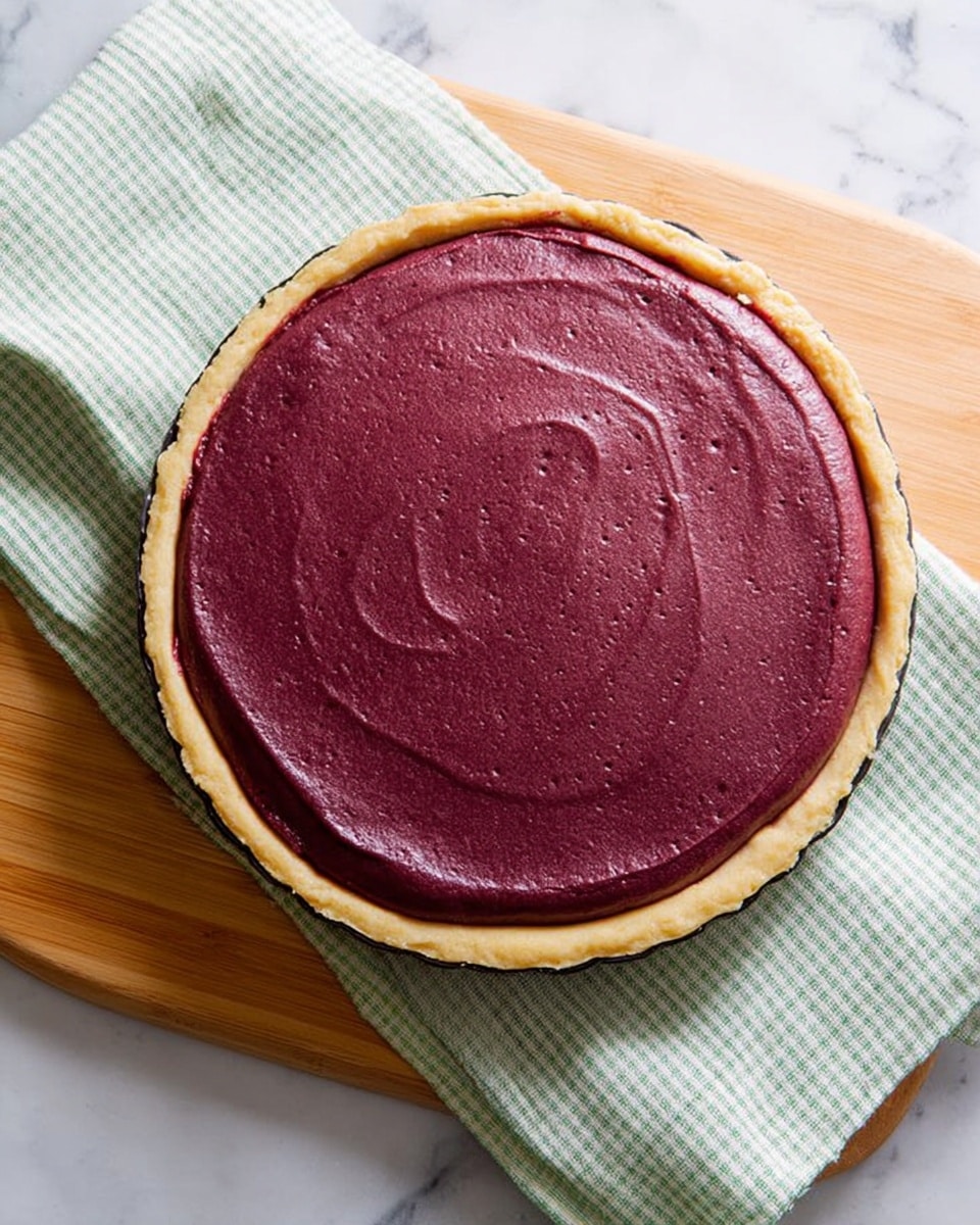 A round tart with a smooth, thick layer of deep purple filling evenly spread inside a light golden brown crust. The tart sits on a light wooden board with a soft green and white checkered cloth underneath, all placed on a white marbled surface. The filling has a creamy texture with faint swirls on the top and the crust edges are slightly raised and evenly baked. Photo taken with an iphone --ar 4:5 --v 7