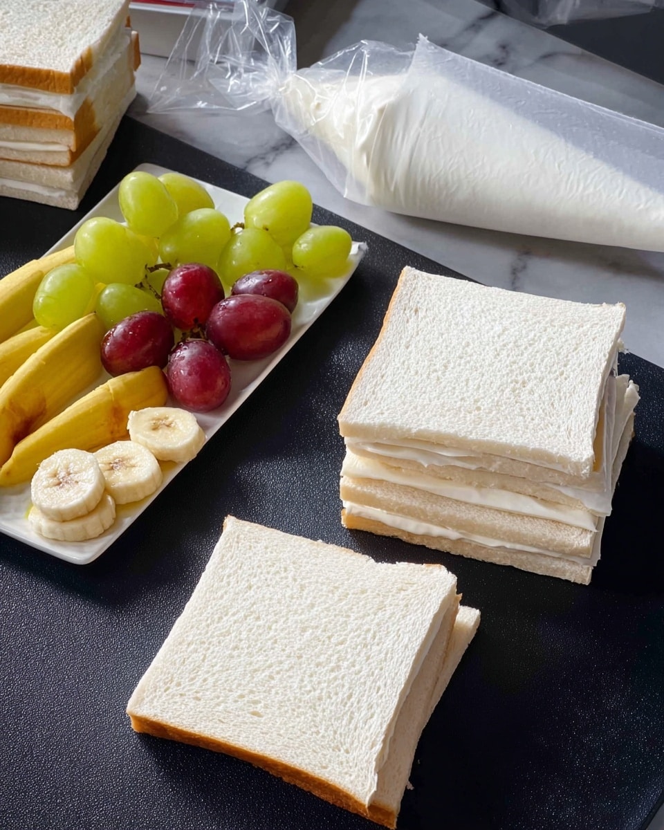 The image shows multiple square layers of soft white bread stacked on a black surface, with one piece separated and placed in the foreground. A large white piping bag filled with cream is laid diagonally above the bread. Nearby, a white rectangular plate holds pieces of sliced yellow banana, green grapes, and parts of a red fruit, all arranged neatly. The whole setup rests on a white marbled surface. Photo taken with an iphone --ar 4:5 --v 7