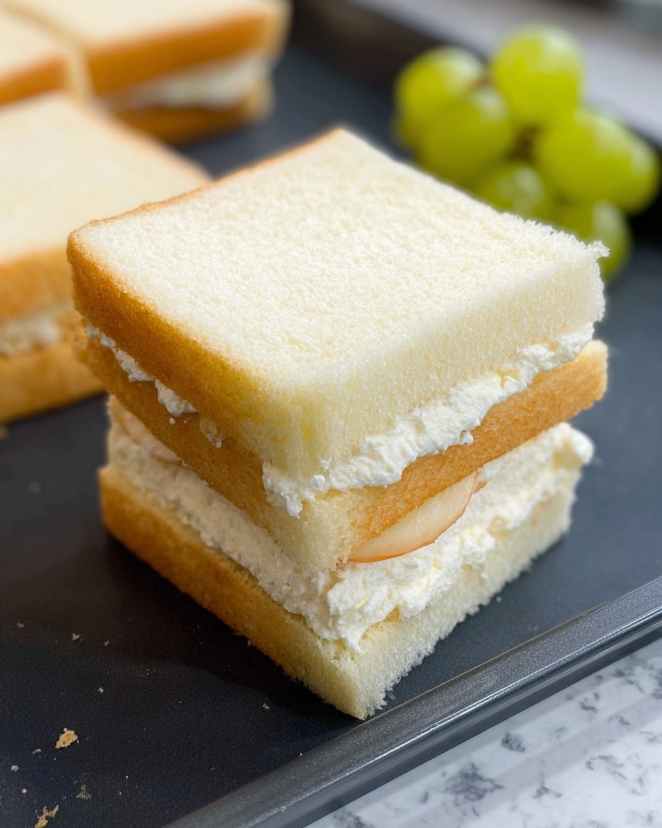 The image shows a small sandwich with two layers of soft white bread without crusts. Between the layers, there is a thick layer of white creamy filling with a light and fluffy texture, and hints of thin, pale orange slices peek out slightly from inside. The sandwich is placed on a dark tray with a few more sandwiches and some green grapes visible in the blurry background. The surface underneath the tray is a white marbled texture. photo taken with an iphone --ar 4:5 --v 7