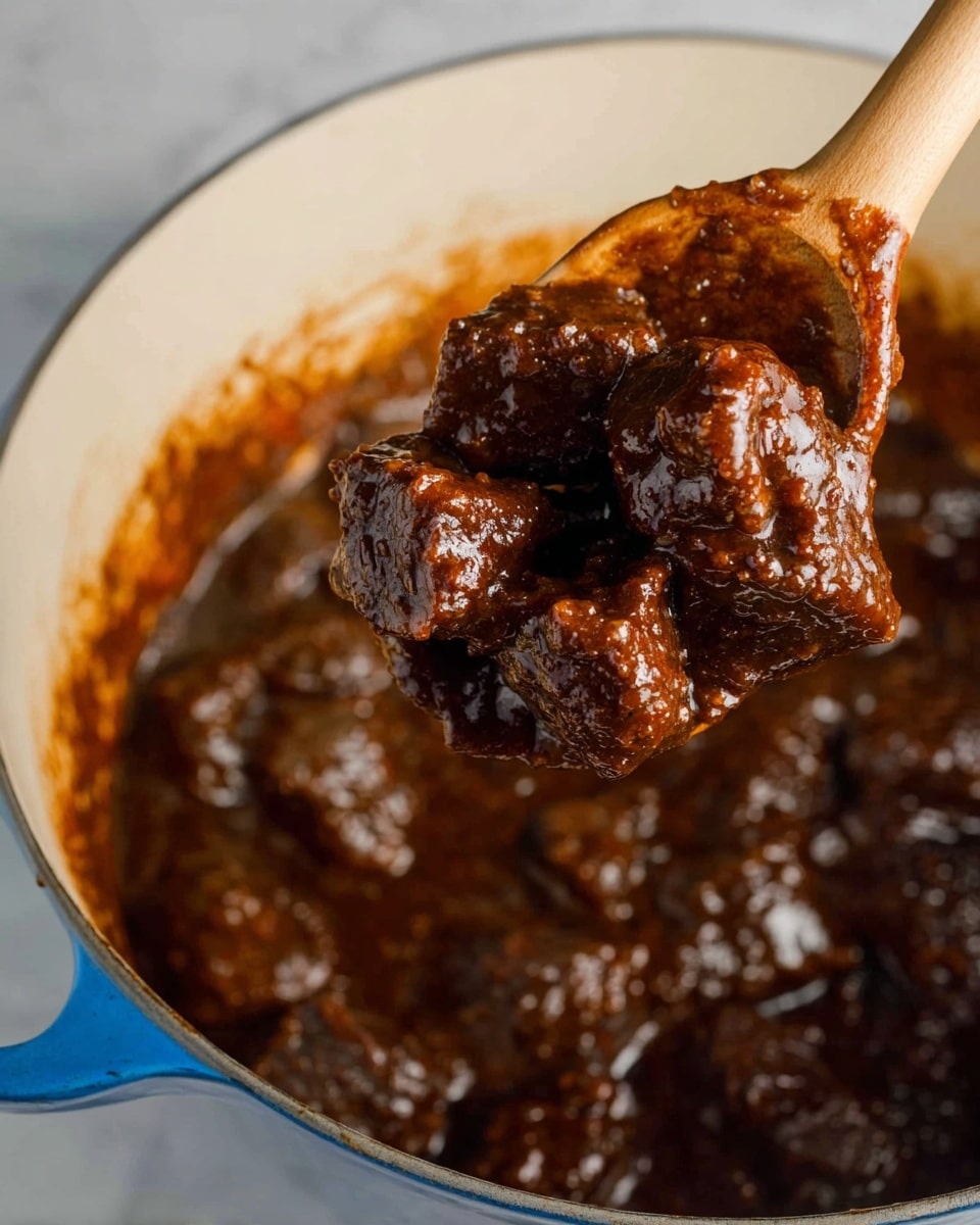 The image shows a close-up of dark brown chunks of meat covered in a thick, glossy sauce with a rich texture, held by a wooden spoon above a white enameled pot with a blue handle. The sauce looks smooth and shiny, coating the meat pieces fully, while more sauce and meat fill the pot below. The background surface is a white marbled texture. Photo taken with an iphone --ar 4:5 --v 7