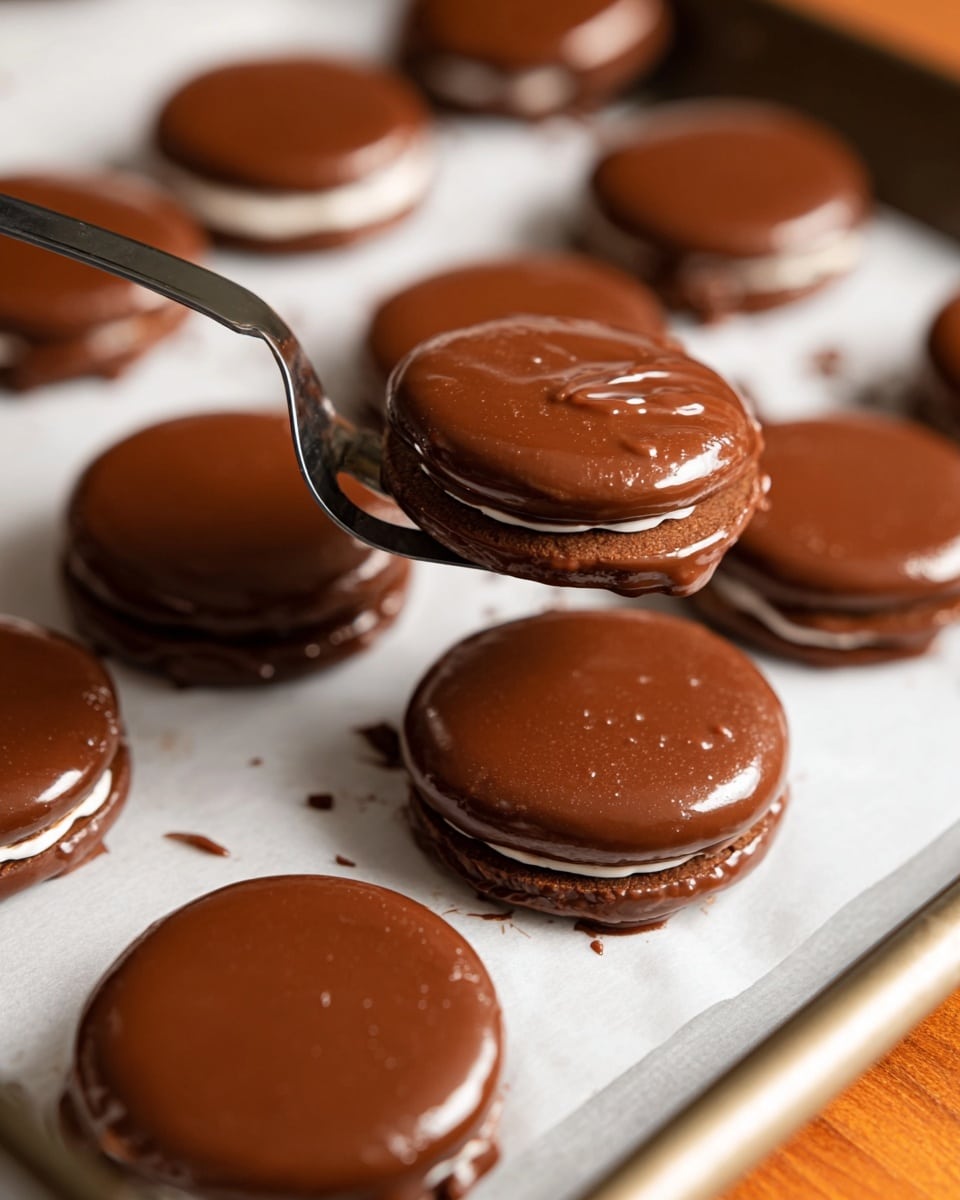 The image shows many round cookies covered in smooth, shiny milk chocolate. Each cookie has two layers with a thin cream filling in the middle, and the chocolate coating covers the whole cookie, making it glossy and even. A metal spatula holds one cookie above a white paper-lined baking tray, with more chocolate-coated cookies arranged closely on the tray behind it. The background has a white marbled texture and a wooden edge is visible at the bottom right corner. photo taken with an iphone --ar 4:5 --v 7