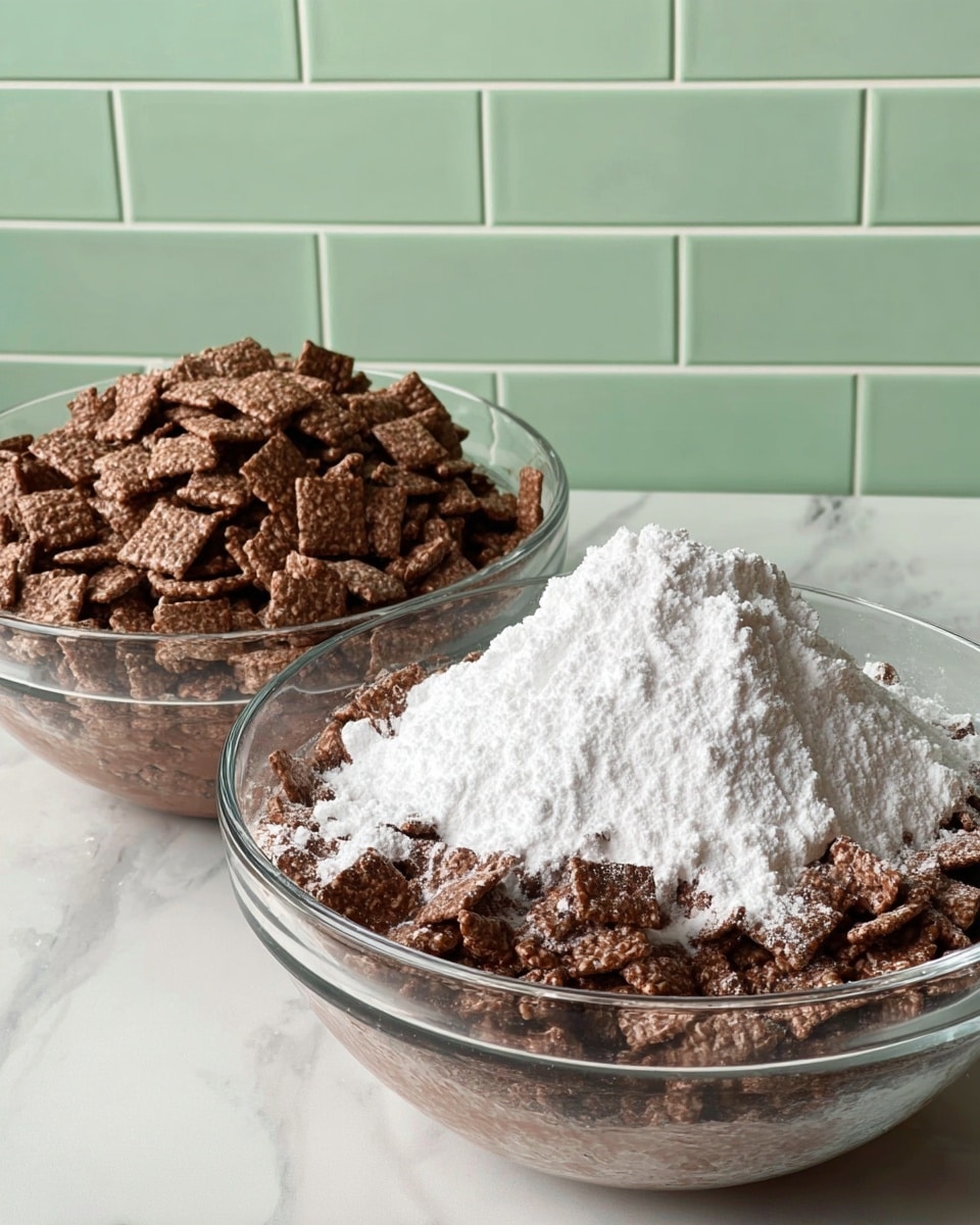 The image shows two clear glass bowls filled with a mixture of small square cereal pieces covered in a thick chocolate coating. In the first bowl, the cereal pieces are evenly coated and piled up inside the bowl. In the second bowl, a large mound of fine white powder is placed on top of the chocolate cereal mixture, creating two distinct layers with the dark brown cereal at the bottom and the bright white powder on top. Both bowls are set against a light green brick wall and placed on a white marbled surface. photo taken with an iphone --ar 4:5 --v 7