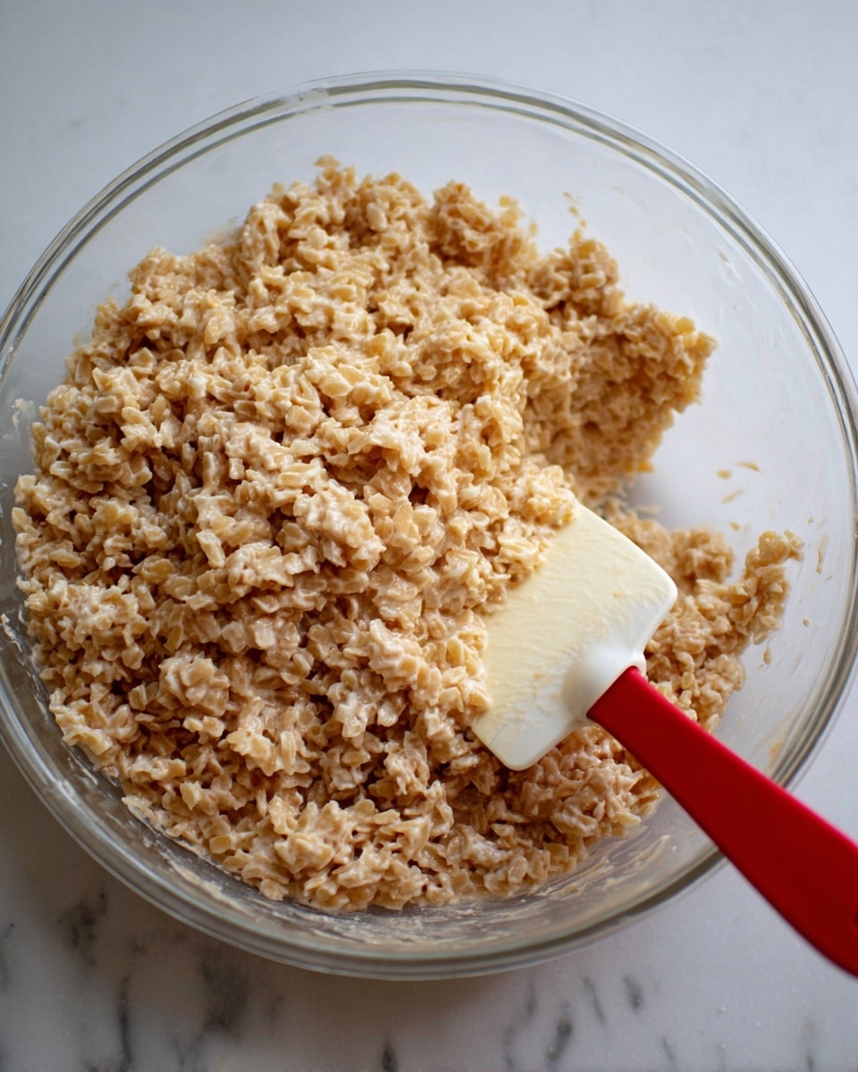 A clear glass bowl filled with a mixed light brown and beige crispy rice and melted marshmallow mixture, creating a sticky, textured layer that looks soft and slightly shiny. A white spatula with a red handle is partially inserted into the mixture on the right side of the bowl. The background is a white marbled surface. Photo taken with an iphone --ar 4:5 --v 7