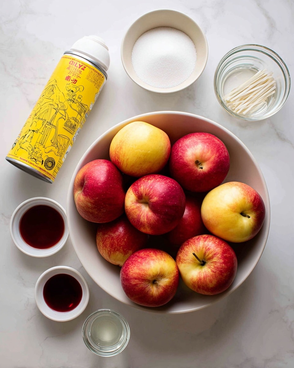 A white bowl filled with a pile of red and yellow apples sits in the center on a white marbled surface. To the left of the bowl is a tall yellow can with a white cap and black text and drawings. On the right side of the bowl, from top to bottom, there is a small white bowl with many white sticks, a medium white bowl filled with white granulated sugar, a glass jar with clear liquid, a small white bowl with a clear liquid, and the smallest white bowl with a small drop of dark red liquid. photo taken with an iphone --ar 4:5 --v 7