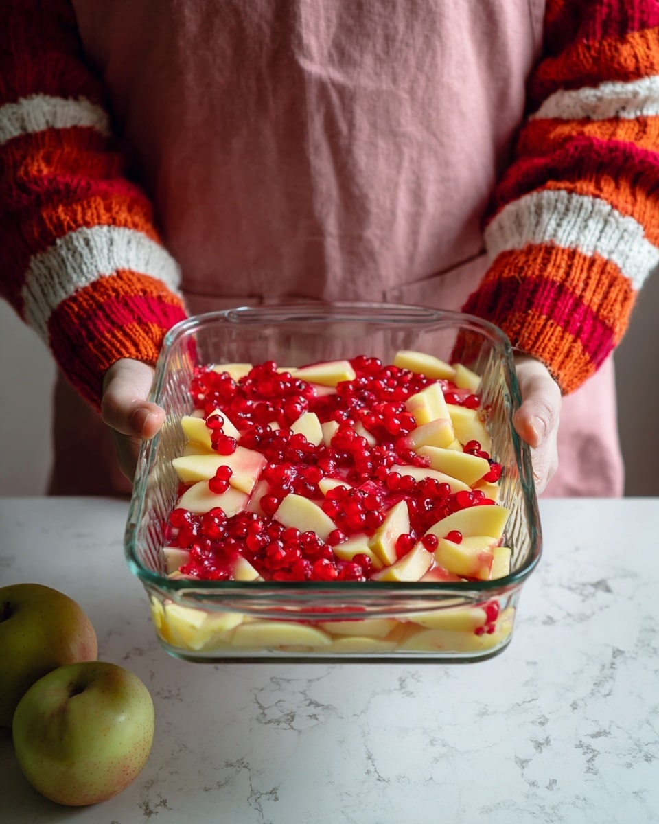 A clear baking dish is filled with two layers: the bottom layer is pale yellow apple slices, thick and uneven in shape, and the top layer is bright red berries scattered all over, creating a strong color contrast. The dish is held by a person wearing a red, white, and orange striped sweater with a dusty pink apron over it. The background shows a white marbled surface with a couple of pale green apples placed on it. photo taken with an iphone --ar 4:5 --v 7