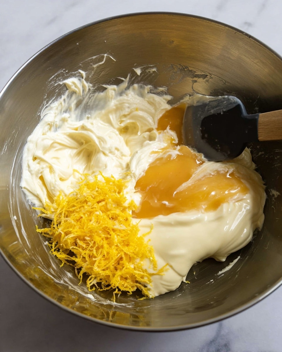 The image shows a metal bowl containing three layers of ingredients ready to be mixed. The first layer is a thick, white creamy substance with a smooth texture, positioned in the center and bottom part of the bowl. On top of this, there are two bright orange-yellow dollops of what looks like jelly or jam placed side by side near the upper right edge. In the lower left corner, there is a small pile of bright yellow lemon zest with thin, curly strands. Resting inside the bowl is a spatula with a wooden handle, covered in the white cream. The background is a white marbled surface. Photo taken with an iphone --ar 4:5 --v 7