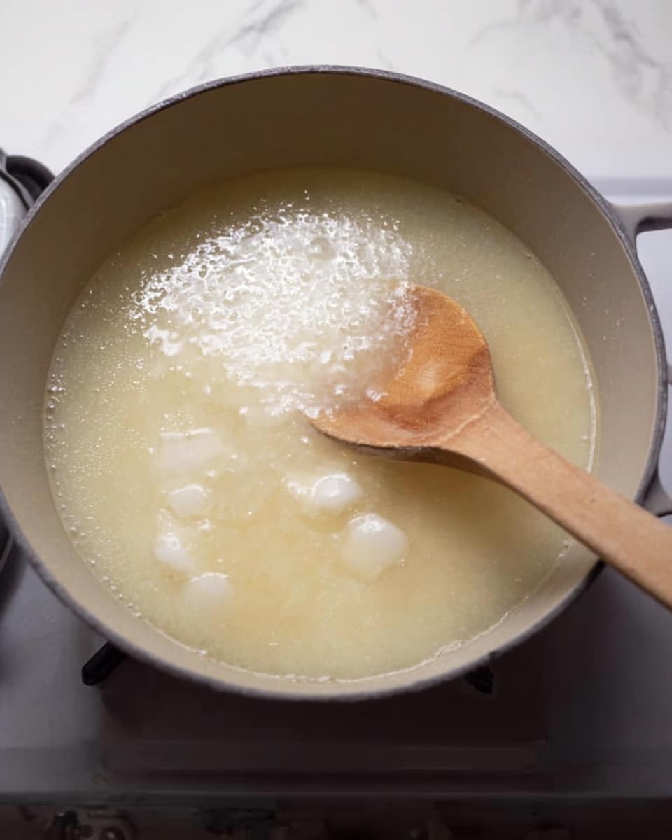 A light gray pot filled with a cloudy, pale yellow liquid with small white chunks floating on top. A wooden spoon with a long handle is partially submerged in the liquid, stirring gently. The pot sits on a stove with a white marbled surface visible around it. The liquid looks somewhat thick and soft with a few bubbles on the surface. photo taken with an iphone --ar 4:5 --v 7