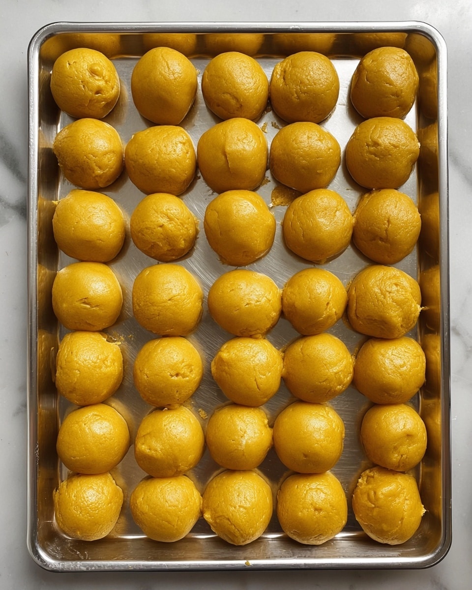 A metal tray holds 31 small dough balls arranged in 4 rows. Each ball is round but uneven, with a shiny, smooth surface in a warm golden yellow color. Some dough balls have small cracks and slight texture differences, showing a soft but firm dough. The tray's shiny metal surface reflects subtle light, and the tray is placed on a white marbled surface. photo taken with an iphone --ar 4:5 --v 7