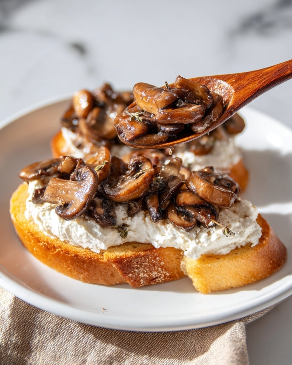 A white plate with a piece of toasted bread at the bottom, golden and crispy with a crunchy texture. On top of the bread is a thick, creamy layer of white cheese spread, smooth and soft. Above the cheese, there is a generous topping of cooked mushrooms, chopped into small pieces, brown with a slight shine from cooking juices, being spooned onto the toast with a wooden spoon. The plate rests on a surface covered with a beige cloth and a white marbled background can be seen. Photo taken with an iphone --ar 4:5 --v 7