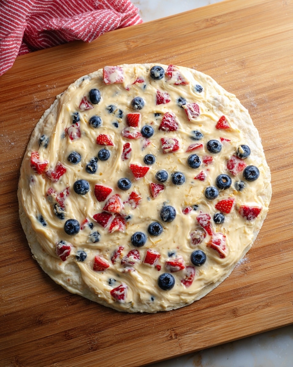 A round tortilla lays flat on a wooden cutting board. The tortilla is spread evenly with a creamy, pale yellow mixture that is studded with whole blueberries and small pieces of red strawberries. The creamy layer has a smooth but slightly textured surface with areas showing gentle swirls and folds. The fruit pieces create a vivid contrast against the light creamy spread, scattered evenly across the entire tortilla. In the background, a red and white cloth is partially visible at the top edge. The setting is bright and natural. Photo taken with an iphone --ar 4:5 --v 7