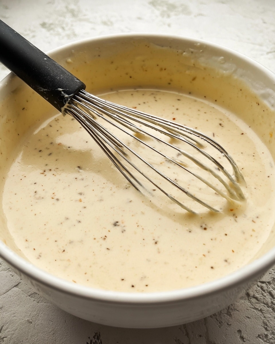 The image shows a white bowl filled with a creamy light beige sauce that has small dark specks evenly spread throughout. A black whisk with thin wires rests inside the bowl, partially covered with sauce, and the handle extends out toward the lower left corner. The bowl is set on a white marbled surface with a subtle texture. The sauce appears smooth and thick, with a slightly glossy finish, and the background is softly blurred to focus on the bowl and whisk photo taken with an iphone --ar 4:5 --v 7