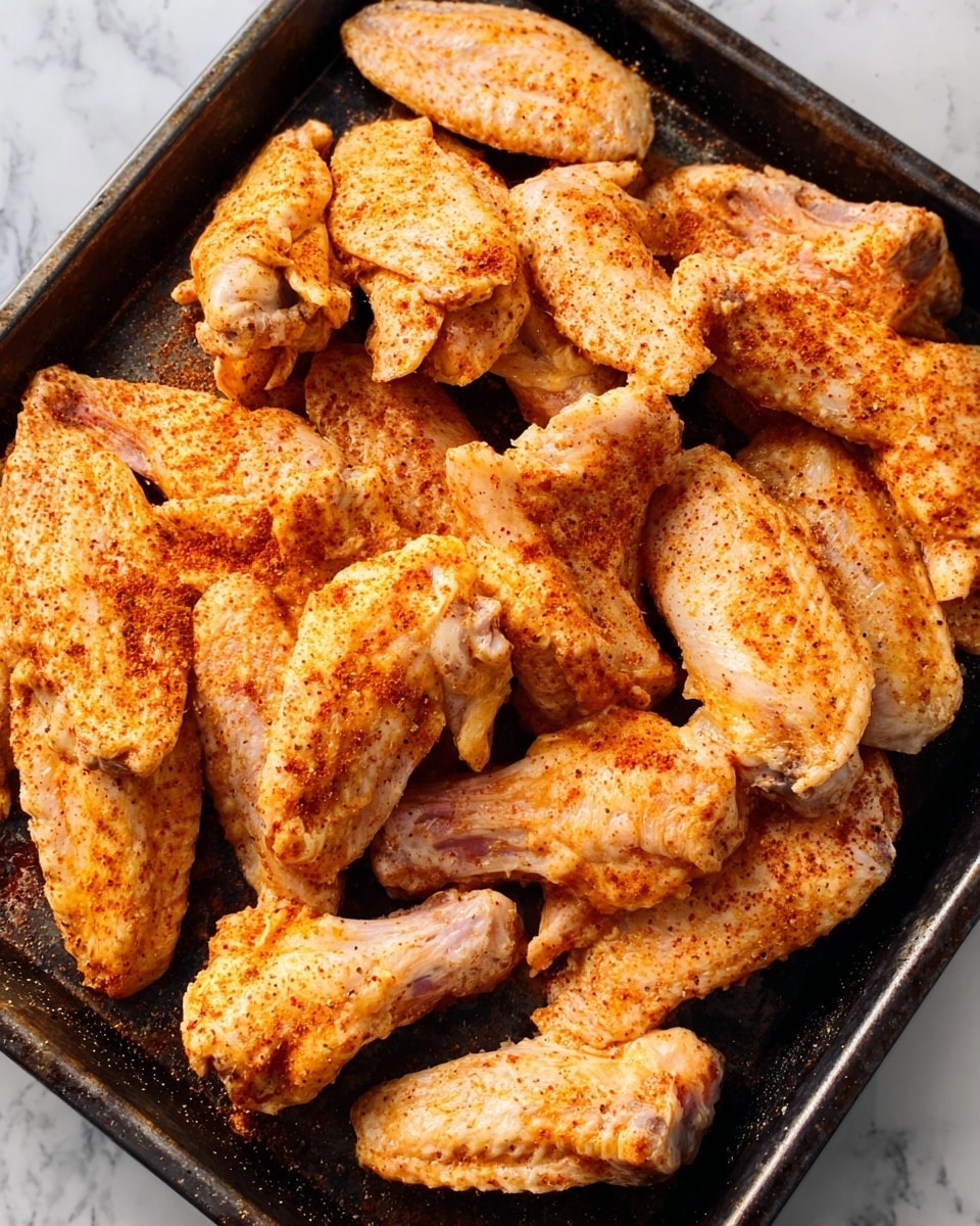 A dark metal baking tray filled with several raw chicken wings spread out evenly. The wings have a light orange-brown coating of dry spices with visible granules and a powdery texture. The wings show some skin texture and are arranged with some overlapping edges. The background is a white marbled surface. Photo taken with an iphone --ar 4:5 --v 7