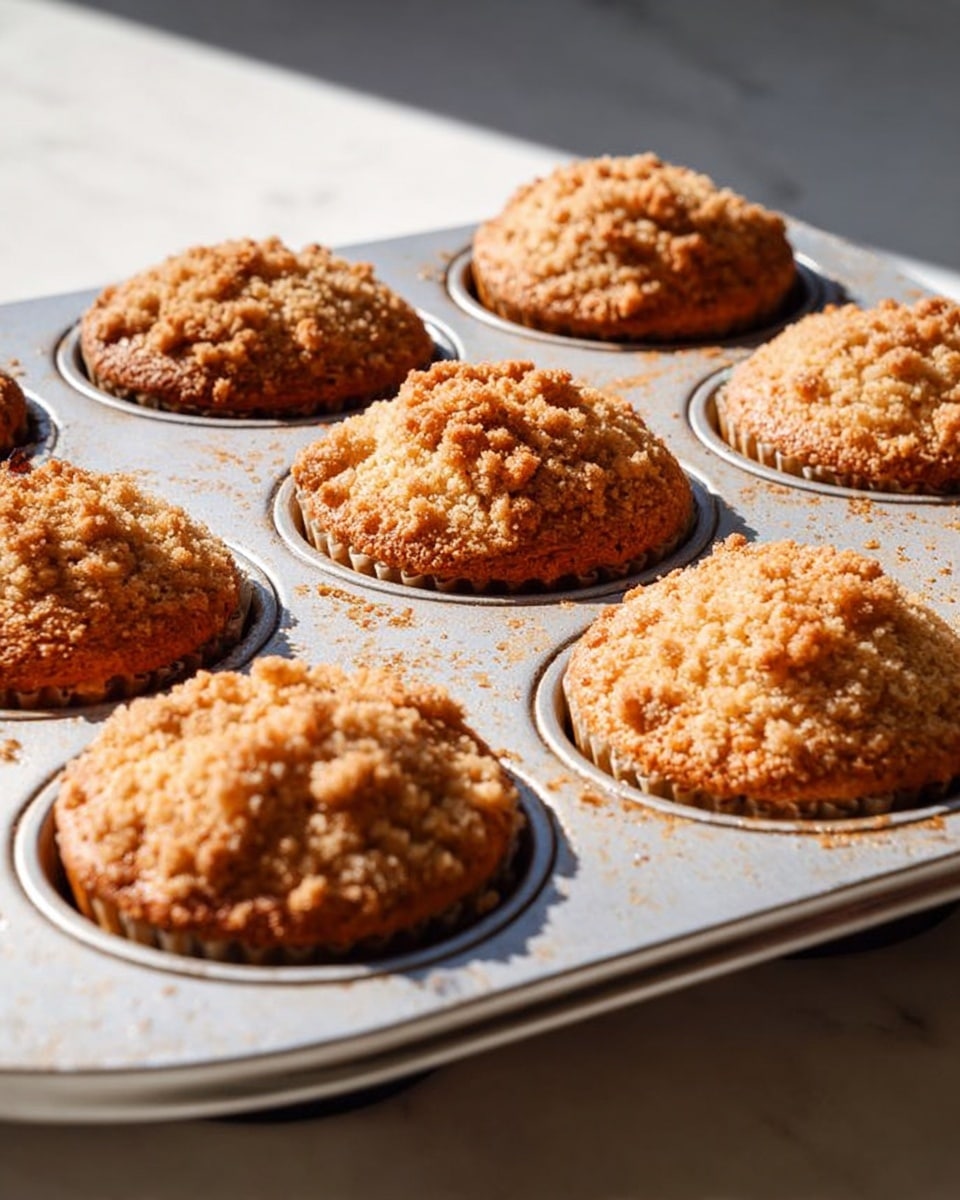 A white metal muffin tray holds eight golden-brown muffins with a crumbly, slightly rough surface on top, showing a crispy texture. Each muffin fills its circular space in the tray evenly, having a domed top with small irregular lumps of crumble scattered across. The tray has some baked-on crumbs and light stains, enhancing the fresh-baked look. Soft natural light casts shadows across the tray, highlighting the warm colors of the muffins, while the background is a white marbled texture. photo taken with an iphone --ar 4:5 --v 7