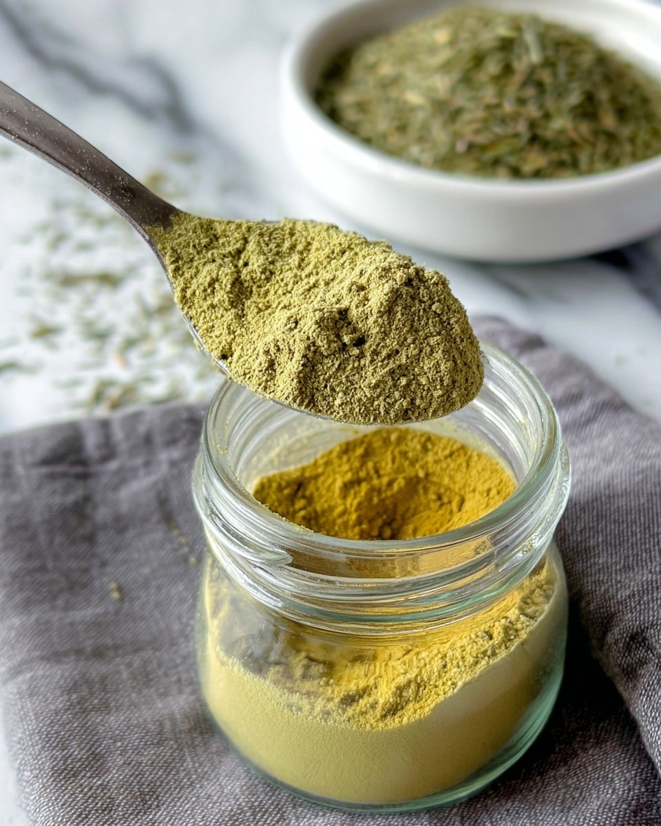 A clear glass jar filled with a yellowish-green powder sits on a gray cloth with a white marbled texture underneath. A silver spoon holds a heap of the same powder, lifted above the jar showing its soft and finely ground texture. In the background, there is a white bowl filled with green dried herbs, slightly out of focus. The setting is bright and simple, showcasing the vibrant colors and textures of the powders and herbs clearly. Photo taken with an iphone --ar 4:5 --v 7