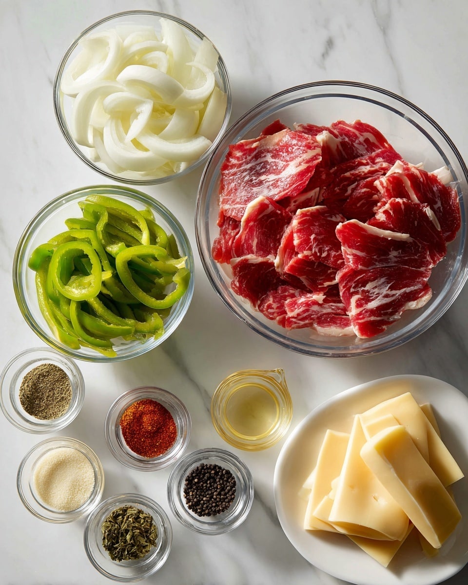 A white marbled surface holds several clear glass bowls and a white plate. The largest glass bowl in the center contains thin, raw red meat slices with white marbling. To the left, two smaller clear glass bowls hold sliced white onions with a smooth texture and bright green bell pepper strips with a crisp appearance. On the right side, a white plate has four pale yellow Swiss cheese slices with holes, stacked neatly. Around these, there are nine small clear glass bowls filled with different spices and herbs in various shades: green, red, light beige, and black, along with a small measuring cup holding a clear liquid. Photo taken with an iphone --ar 4:5 --v 7