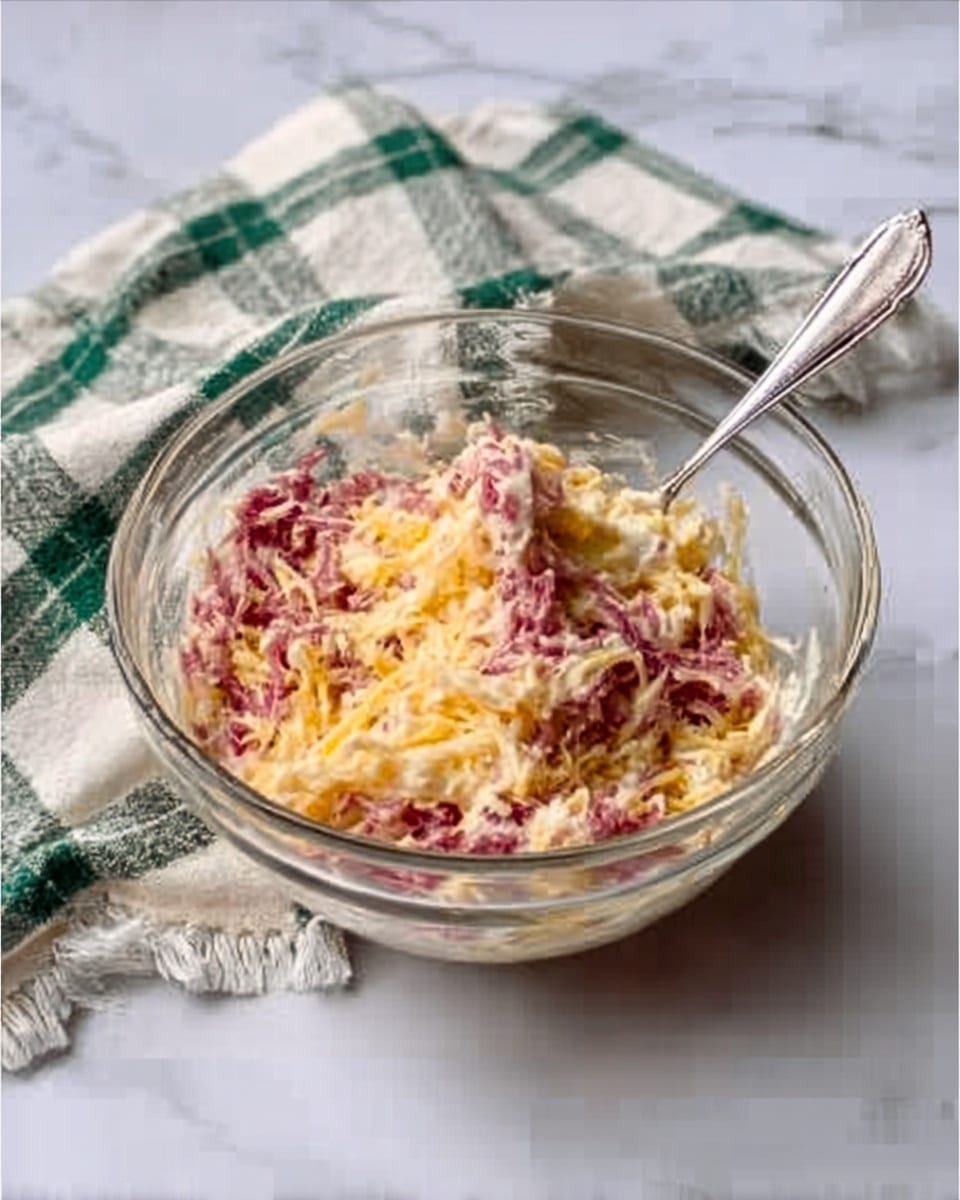 A clear glass bowl filled with layers of shredded yellow cheese and finely shredded pinkish-red meat, mixed together with some creamy white sauce creating a soft texture. A silver spoon rests inside the bowl, slightly lifting some of the mixture. The bowl sits on a white marbled surface with a green and white checkered cloth and a white, fringed napkin behind it. The whole scene has natural light, making the colors look fresh and bright. Photo taken with an iphone --ar 4:5 --v 7