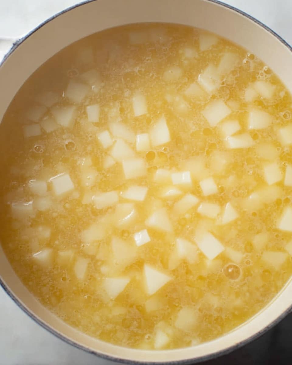 A close-up view of a white pot filled with a light yellow broth that has many small white potato cubes floating in it. The broth looks warm with small bubbles and slight steam rising, giving a soft, smooth texture on the surface. The potatoes are evenly spread and partly translucent from cooking, creating a mix of soft yellow and white colors inside the pot. The pot is placed on a white marbled surface. photo taken with an iphone --ar 4:5 --v 7