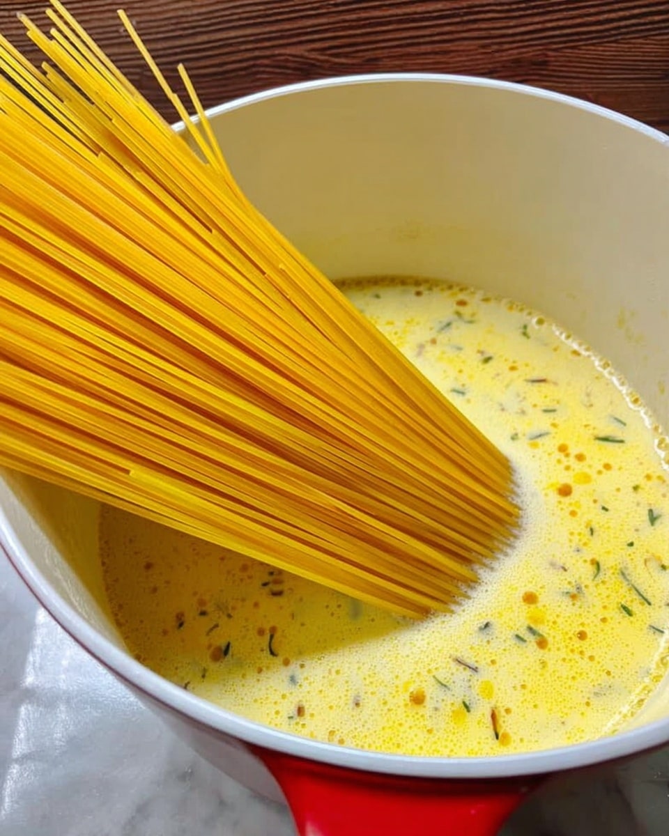 A large pot with a white inside and red outside contains uncooked long yellow spaghetti sticks placed on top, partially submerged in a creamy light yellow liquid with small green and darker yellow spots floating inside. The pot sits on a white marbled surface with a wooden background behind it. photo taken with an iphone --ar 4:5 --v 7