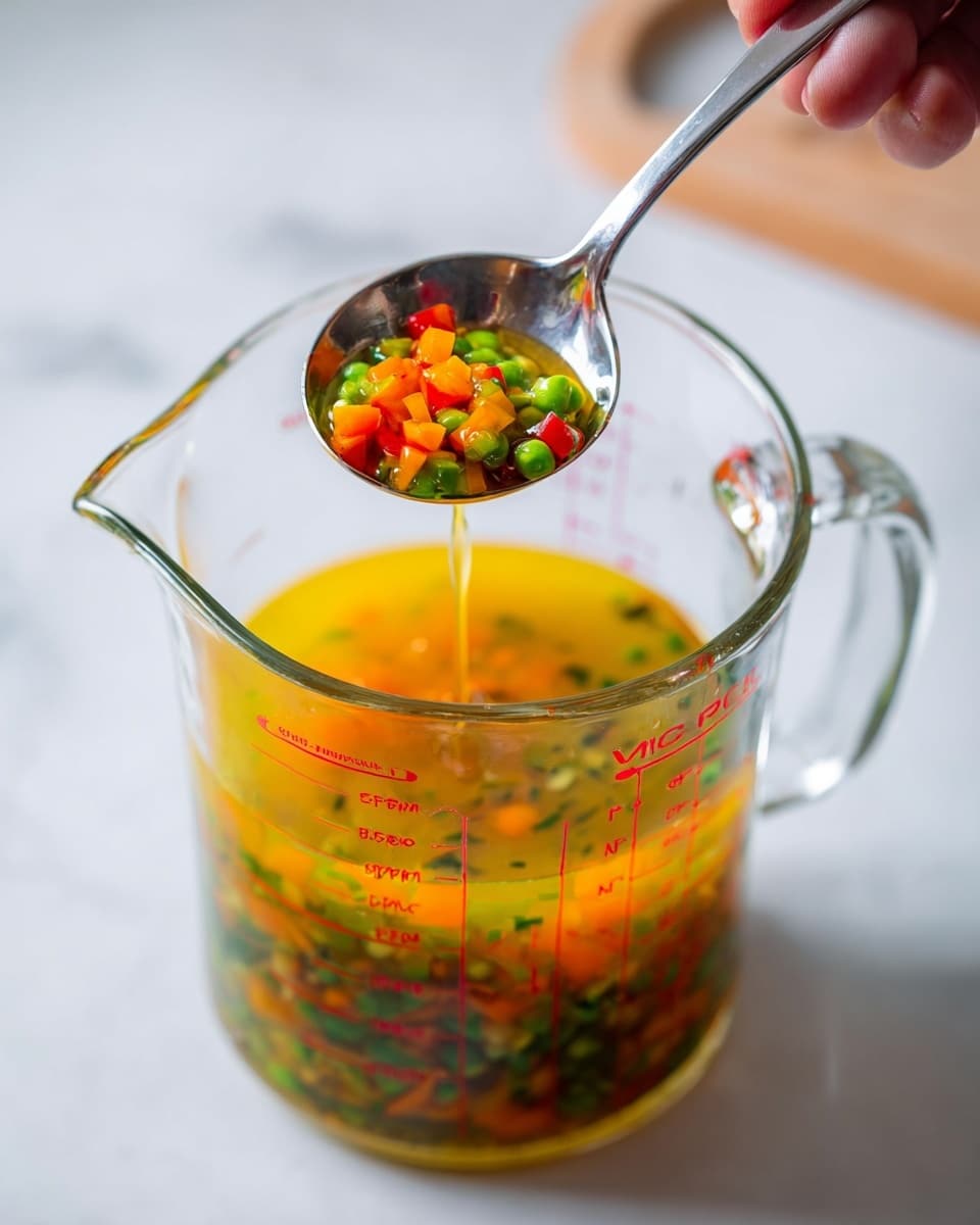 The image shows a clear glass measuring cup filled with a yellowish liquid mixed with small green, red, and orange vegetable pieces. A spoon lifted above the cup holds some of the liquid, showing the colorful diced vegetables clearly. The background is softly blurred with a white marbled surface visible, and a woman's hand is holding the spoon. Photo taken with an iphone --ar 4:5 --v 7