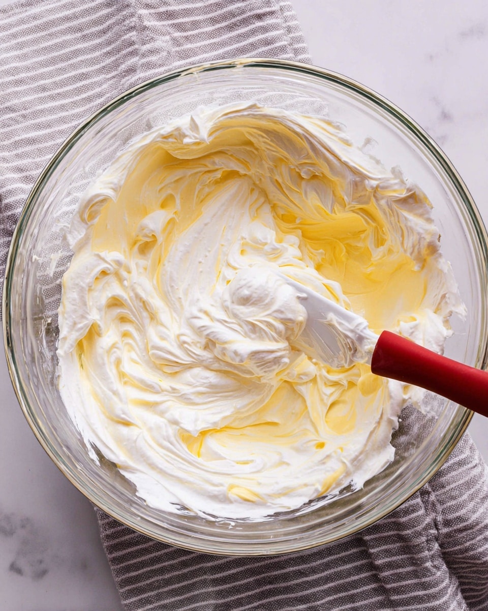 A clear glass bowl holds a creamy mixture with two main layers swirled together: one layer is smooth white whipped cream, and the other is light yellow custard, both fluffy and soft in texture. A spatula with a red handle is partially inside the bowl, blending the layers in the center, creating a marbled effect where the colors gently mix. The bowl sits on a white marbled surface with a gray striped cloth underneath part of it, adding subtle contrasting texture. photo taken with an iphone --ar 4:5 --v 7