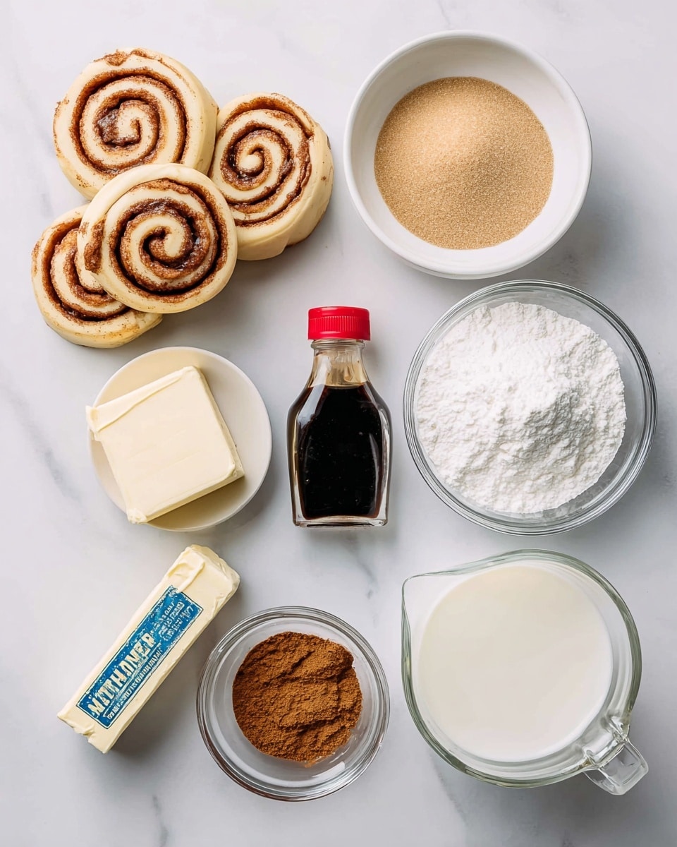 The image shows a white marbled surface with several baking ingredients neatly arranged. On the bottom left are five raw cinnamon rolls stacked closely with visible swirls of brown sugar and cinnamon. Above them is a small white bowl filled with light brown sugar. To the right of the sugar is a small clear glass bowl full of white powdered sugar. Below it, a clear glass bowl holds a square piece of cream cheese. In the center is a stick of butter with blue writing. Below the butter is a small bottle of dark vanilla extract with a red cap. At the bottom right is a clear glass measuring cup filled with milk. A small round glass bowl containing brown cinnamon powder is located near the light brown sugar. All items rest on the white marbled surface. photo taken with an iphone --ar 4:5 --v 7