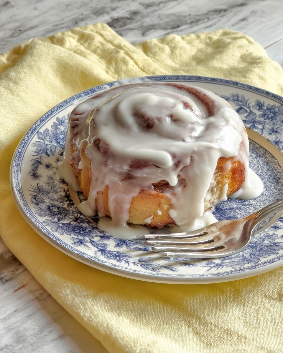 A single cinnamon roll on a white plate with blue floral pattern, thick white icing spread unevenly on top and dripping down the sides, soft golden brown color of the roll visible beneath the icing, a shiny silver fork placed at the front of the plate, all set on a pale yellow cloth with a white marbled surface beneath photo taken with an iphone --ar 4:5 --v 7