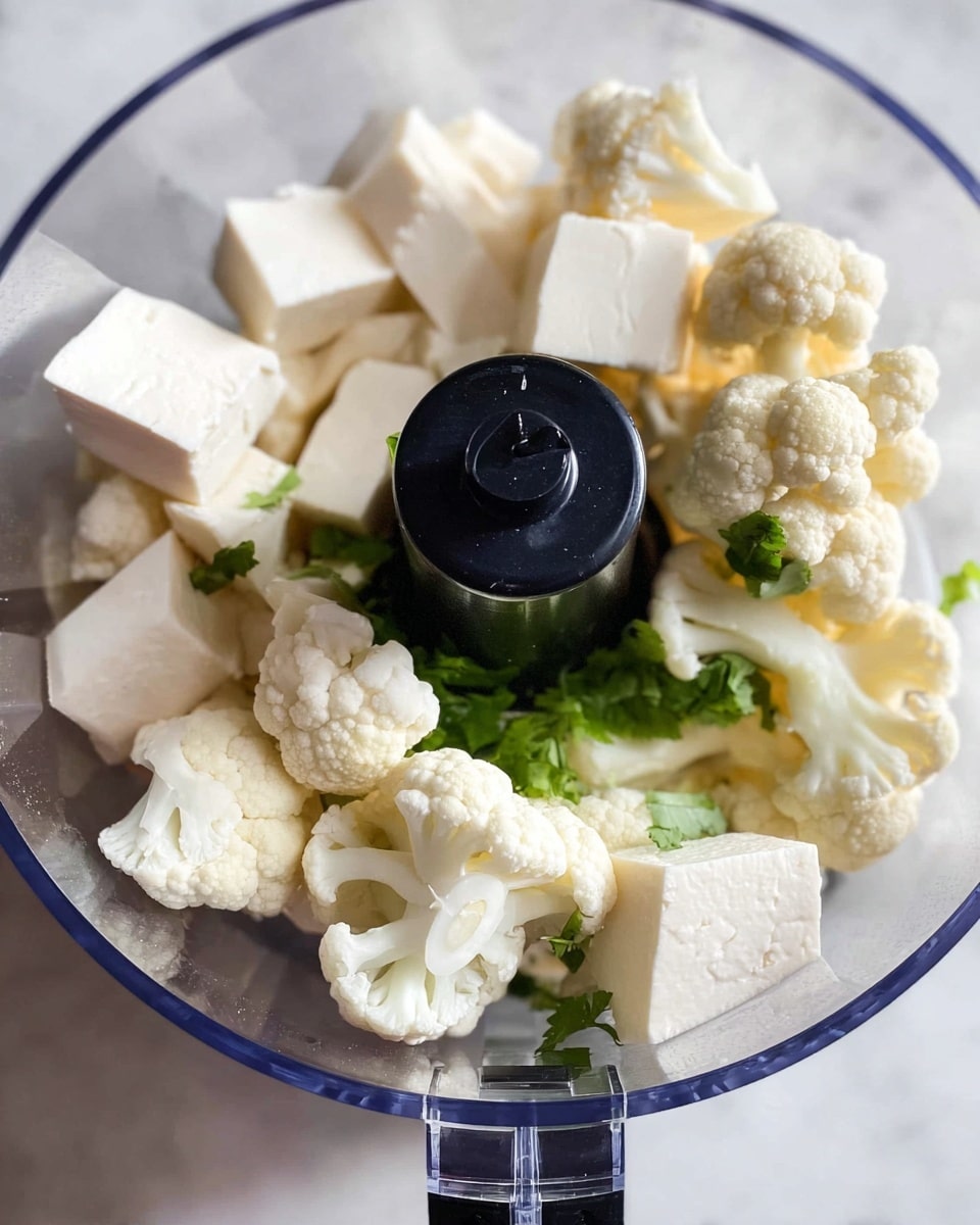 Inside a clear food processor bowl, there are two main layers of ingredients. The bottom layer shows white cauliflower florets with soft, uneven edges, their texture slightly bumpy. Resting above and around the cauliflower are medium-sized white cubes of paneer, smooth and solid with sharp edges. Scattered among the cubes and florets are some small green cilantro leaves adding a fresh touch. The black central blade holder stands upright in the middle, contrasting with the light colors. The whole setup is placed on a white marbled surface. photo taken with an iphone --ar 4:5 --v 7