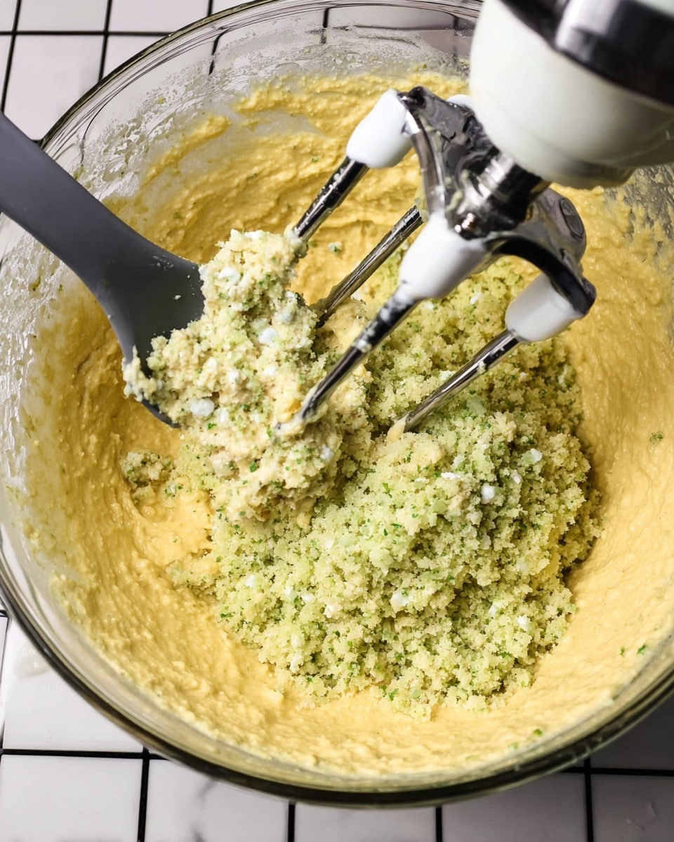 A clear glass bowl with yellow creamy batter mixed with small green and white bits fills most of the bowl. On top of the batter, there is a pile of light green, crumbly mixture being added. A white electric mixer with silver beaters is partially submerged in the mixture, and a dark grey spatula rests inside the bowl on the left side. The bowl is on a white marbled surface with black and white tiles in the background photo taken with an iphone --ar 4:5 --v 7