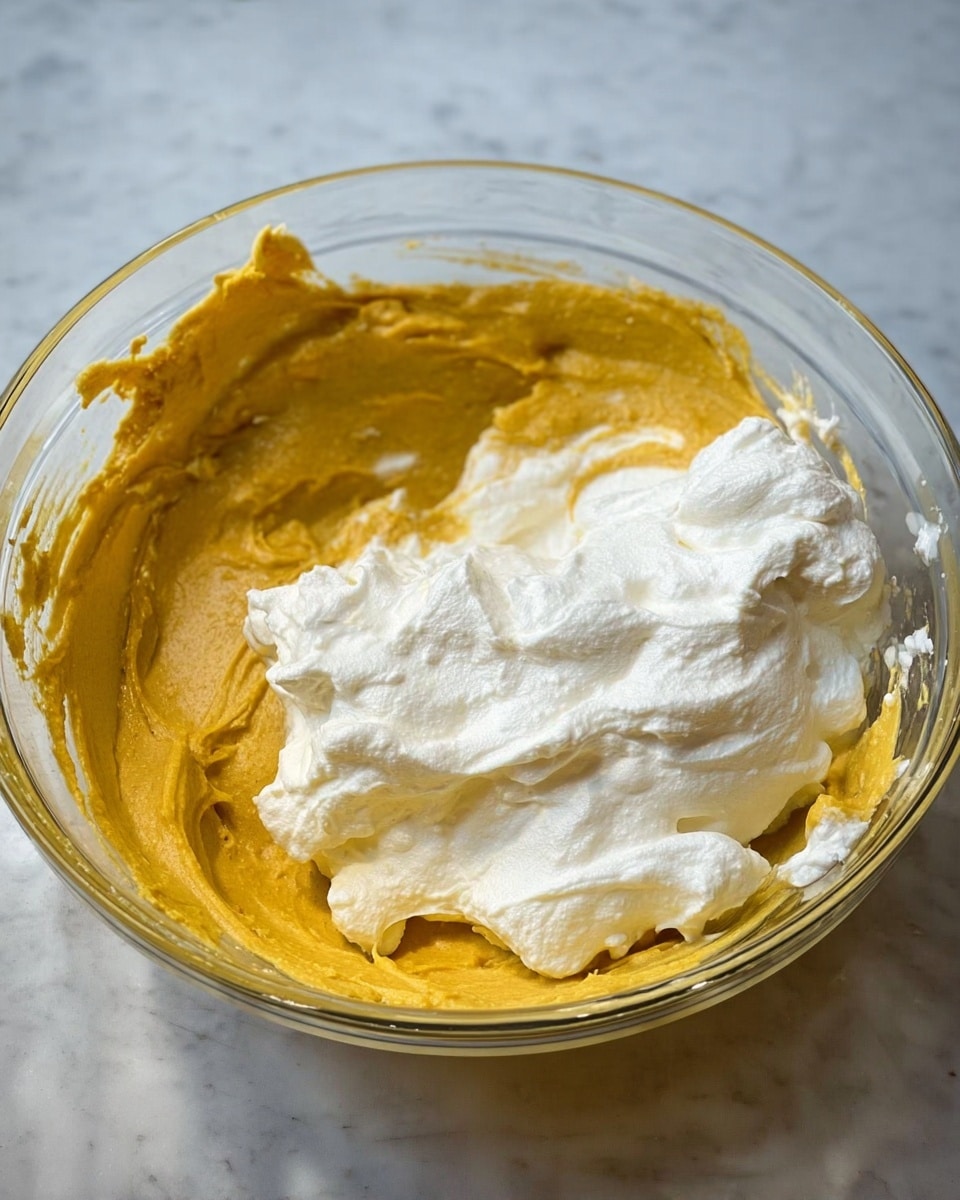 A clear glass bowl sits on a white marbled surface, containing two main layers of mixture. The bottom layer is a thick, smooth mustard yellow paste with a slightly creamy texture, spread evenly across the base and sides of the bowl. On top of this is a generous dollop of fluffy white whipped cream, light and airy with soft peaks and uneven edges, resting mostly on one side of the yellow mixture. The yellow layer covers most of the bowl’s inner surface, while the white layer contrasts sharply against it in both color and texture. Photo taken with an iphone --ar 4:5 --v 7