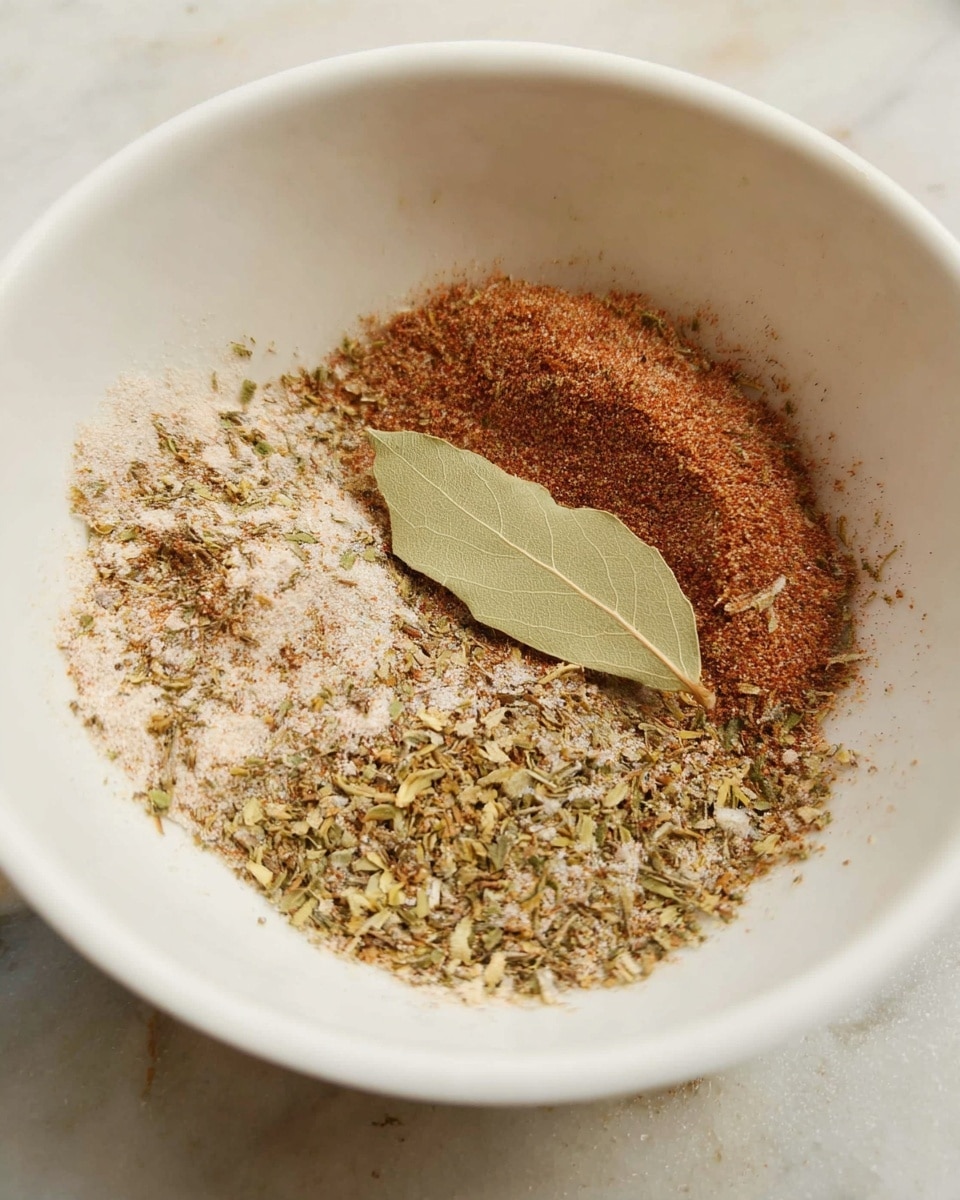 This image shows a white bowl with three different layers of dried spices and herbs inside. The bottom layer is a mix of small, light brown and greenish herb flakes that cover most of the bowl's base. Above this is a fine texture of reddish-brown powder, mostly around one side of the dried herb mix. On top of both layers, near the center of the bowl, there is a single large, pale green dried bay leaf resting flat. The bowl is placed on a white marbled surface. photo taken with an iphone --ar 4:5 --v 7