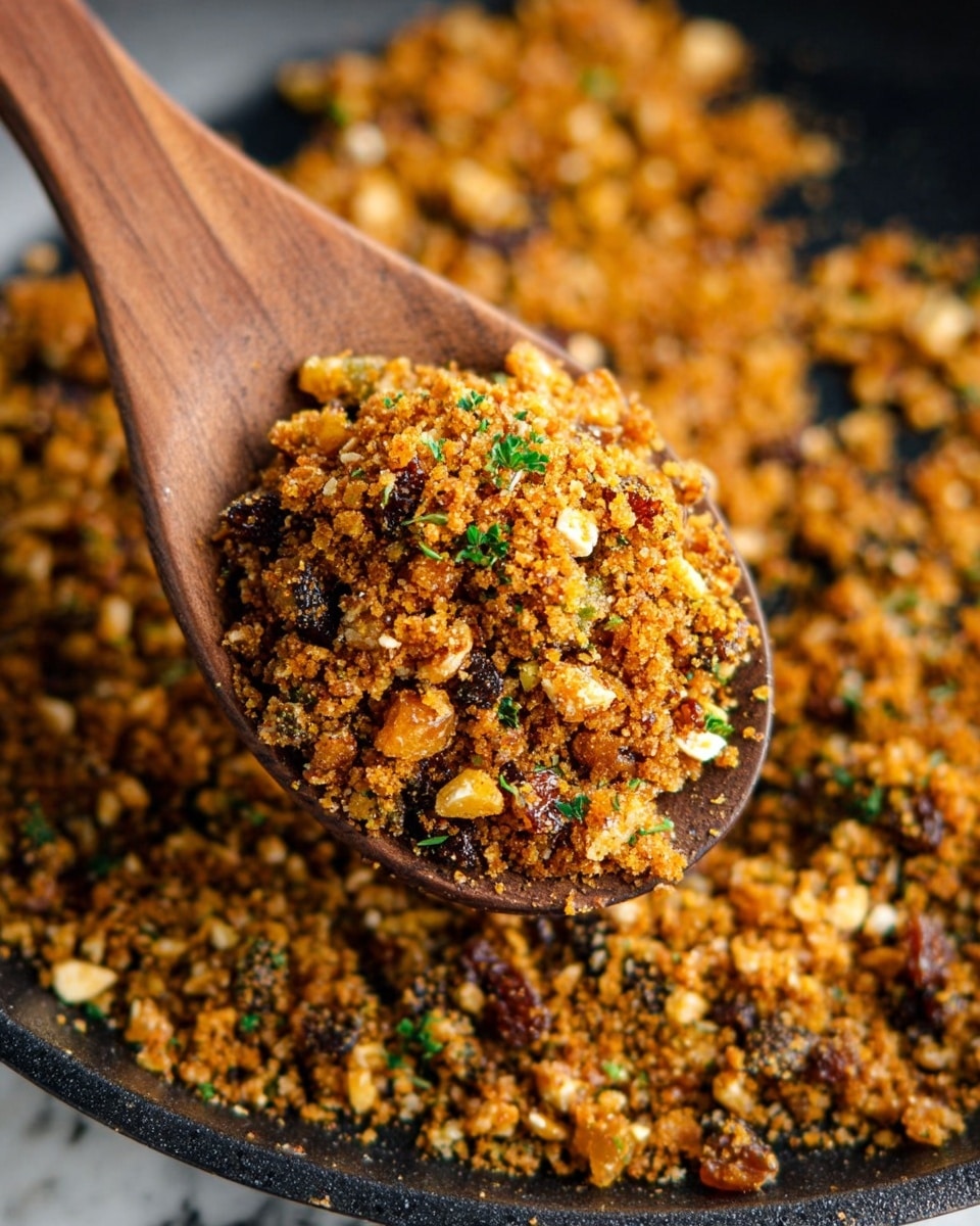 A close-up of a wooden spoon holding a mix of toasted crumbs and nuts with small green herbs and golden raisins, showing a crumbly texture with bits of brown, tan, green, and yellow. The spoon is placed over a black pan filled with the same mixture, which is scattered around, providing a contrast with the dark pan and a white marbled background barely visible underneath. The scene highlights the rough, toasted surface of the nut and crumb mix in warm tones. photo taken with an iphone --ar 4:5 --v 7
