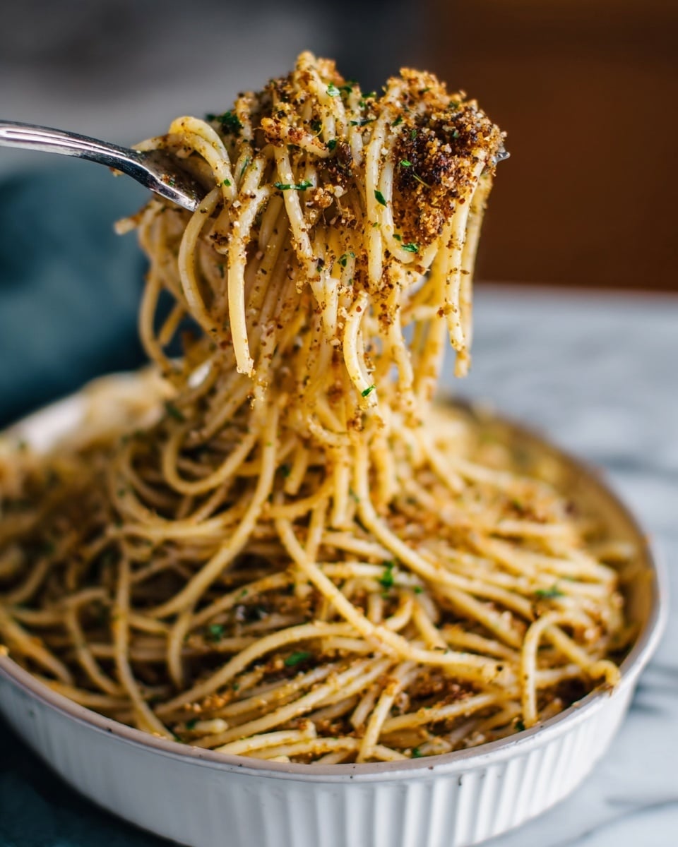 A close-up of long, thin spaghetti noodles lifted by a fork with a woman's hand partly visible, showing the noodles mixed with a layer of brown, crumbly seasoning with herbs on top. The spaghetti looks soft and slightly oily, with seasoning clinging all over giving a speckled brown and green texture. The noodles are inside a white baking dish with a simple round shape, resting on a white marbled surface. The background is softly blurred, focusing attention on the pasta strands. Photo taken with an iphone --ar 4:5 --v 7