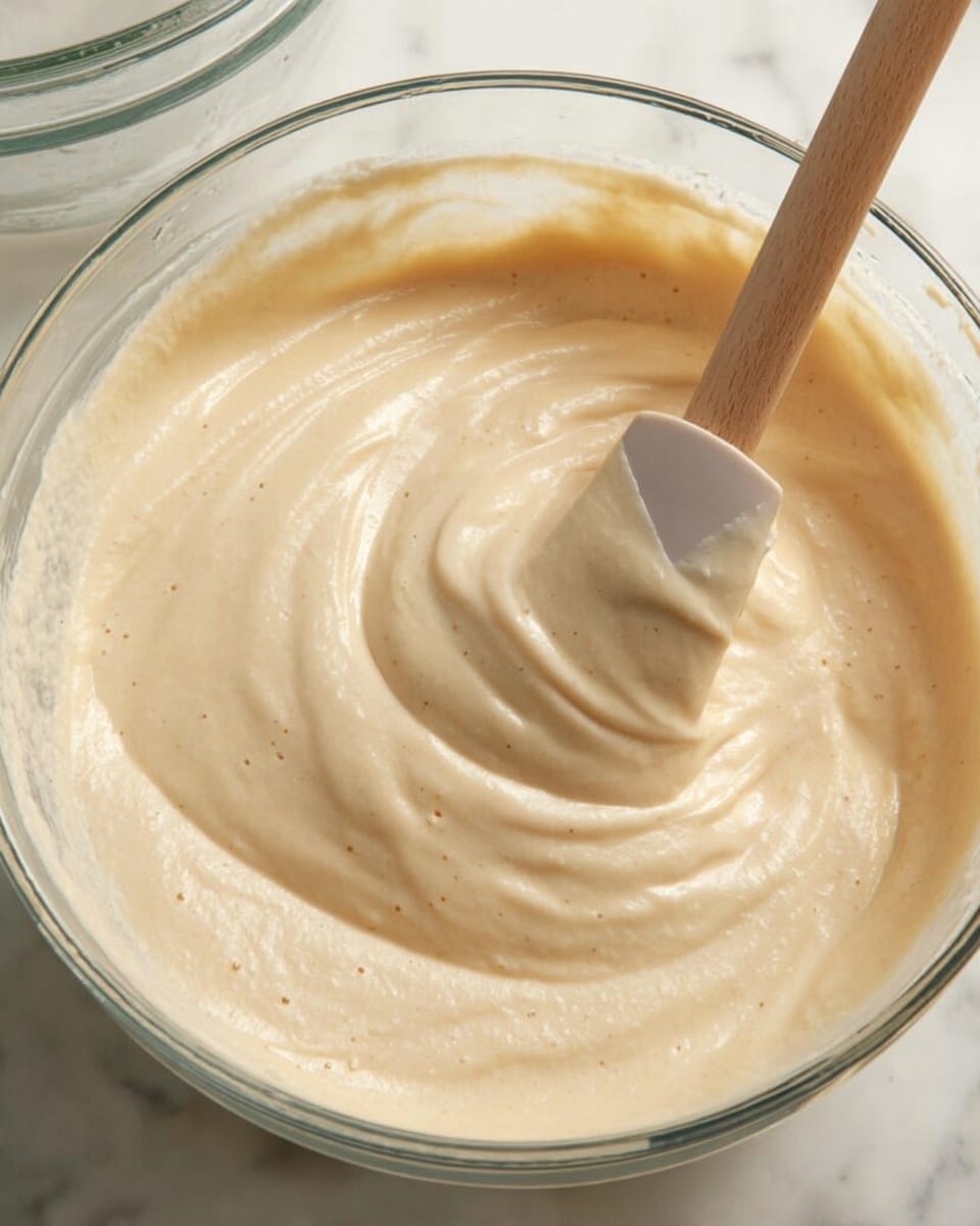 A clear glass bowl filled with smooth, pale beige batter with a creamy texture and some small bubbles on the surface. A silicone spatula with a wooden handle is partially dipped into the batter, lifting some of it, creating soft swirls and gentle waves in the thick mixture. The background shows another clear glass container and a white marbled surface. photo taken with an iphone --ar 4:5 --v 7