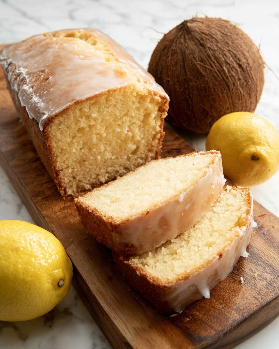 A loaf of lemon cake with light brown edges is shown on a wooden board. The cake has a shiny, light beige glaze on top and is sliced into three thick pieces showing a moist, pale yellow inside. Next to the cake, a whole yellow lemon and a coconut with a rough brown shell are placed. The scene is set on a white marbled surface. photo taken with an iphone --ar 4:5 --v 7