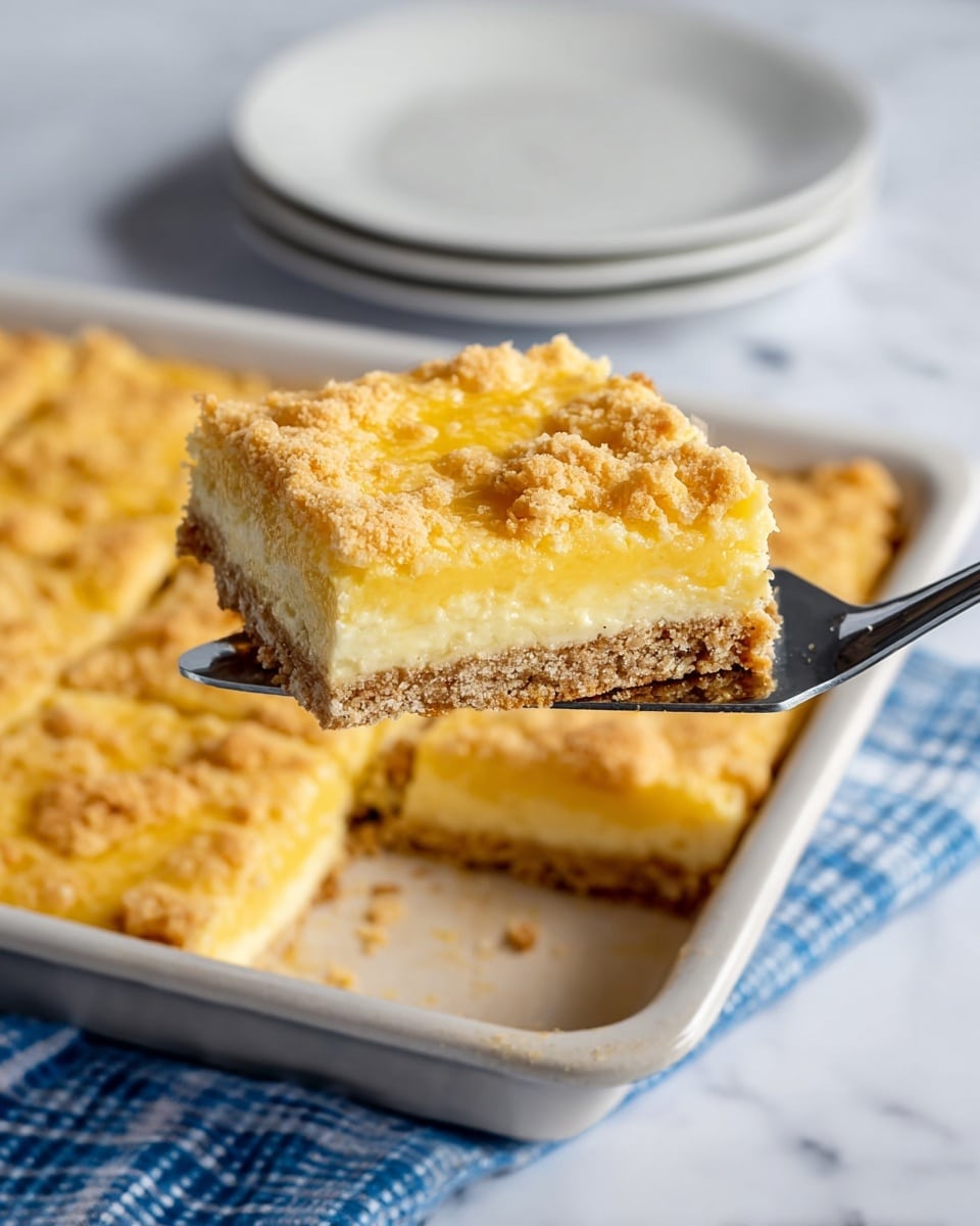 A square piece of crumbly yellow dessert bar is held by a spatula above a baking dish filled with more bars. The bar has three layers: the bottom layer is light brown and crumbly like a crust, the middle layer is smooth and pale yellow, while the top layer is golden yellow with a crumbly texture scattered unevenly. The baking dish is set on a white marbled surface with a blue and white cloth nearby, and in the background, there are two stacked white plates slightly out of focus. photo taken with an iphone --ar 4:5 --v 7