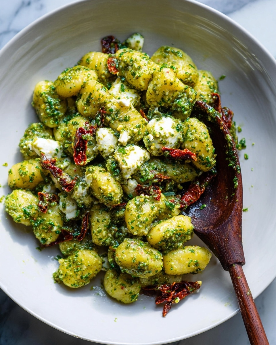 A white plate holds a serving of small, yellow gnocchi pieces coated in a vibrant green pesto sauce mixed with bits of white cheese that have a soft texture. The dish also contains small pieces of dark red sun-dried tomatoes, adding color contrast. A dark wooden spoon is partly buried in the gnocchi, lifting some of it. The plate sits on a white marbled surface. photo taken with an iphone --ar 4:5 --v 7