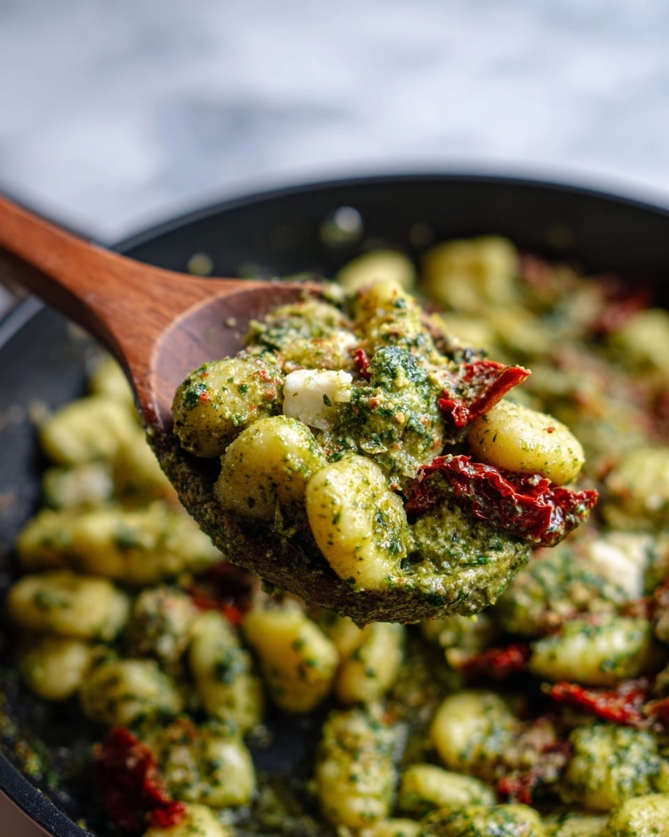 A close-up of a wooden spoon holding gnocchi coated in a thick green pesto sauce, with small white cheese chunks and pieces of sun-dried tomato visible among the gnocchi. The background shows more gnocchi mixed with green pesto, cheese, and sun-dried tomatoes, all inside a black pan. The colors are mainly green, white, and red, with a mix of smooth and crumbly textures. The image is set on a white marbled surface. Photo taken with an iphone --ar 4:5 --v 7