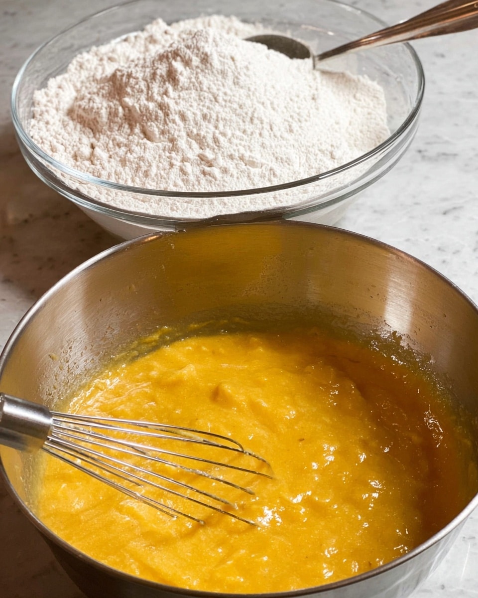 A close-up view of two mixing bowls on a white marbled surface, the front bowl is silver metal filled with a thick, yellow-orange batter that looks slightly lumpy, with a metal whisk resting in it, showing some batter on the whisk’s wires. Behind it is a clear glass bowl full of white dry flour with a silver spoon inside. Photo taken with an iphone --ar 4:5 --v 7