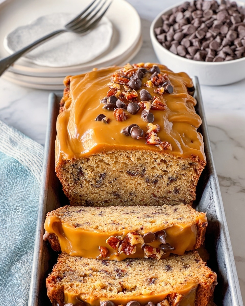 The image shows a sliced loaf cake with three visible slices, each covered with a thick layer of smooth, glossy caramel-colored frosting. The top of the cake is sprinkled with small dark chocolate chips and pieces of caramelized nuts, adding texture and contrast. The cake itself appears moist with a speckled texture of dark bits throughout the light brown crumb. The cake is placed in a metal baking tray on a white marbled surface, with a white plate holding a fork and another white bowl filled with chocolate chips in the background. Photo taken with an iphone --ar 4:5 --v 7