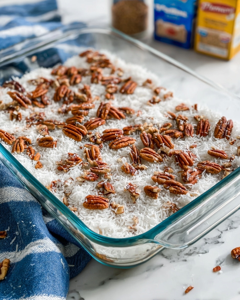 The image shows a clear glass baking dish placed on a white marbled surface, inside the dish is a single layer of shredded white coconut topped evenly with small pieces of brown pecans scattered over it. The background includes blurred boxes of baking ingredients, and a blue and white striped cloth is partially visible under the dish. The scene looks bright and fresh, with light reflecting off the glass dish and the texture of the coconut and pecans clearly visible. photo taken with an iphone --ar 4:5 --v 7
