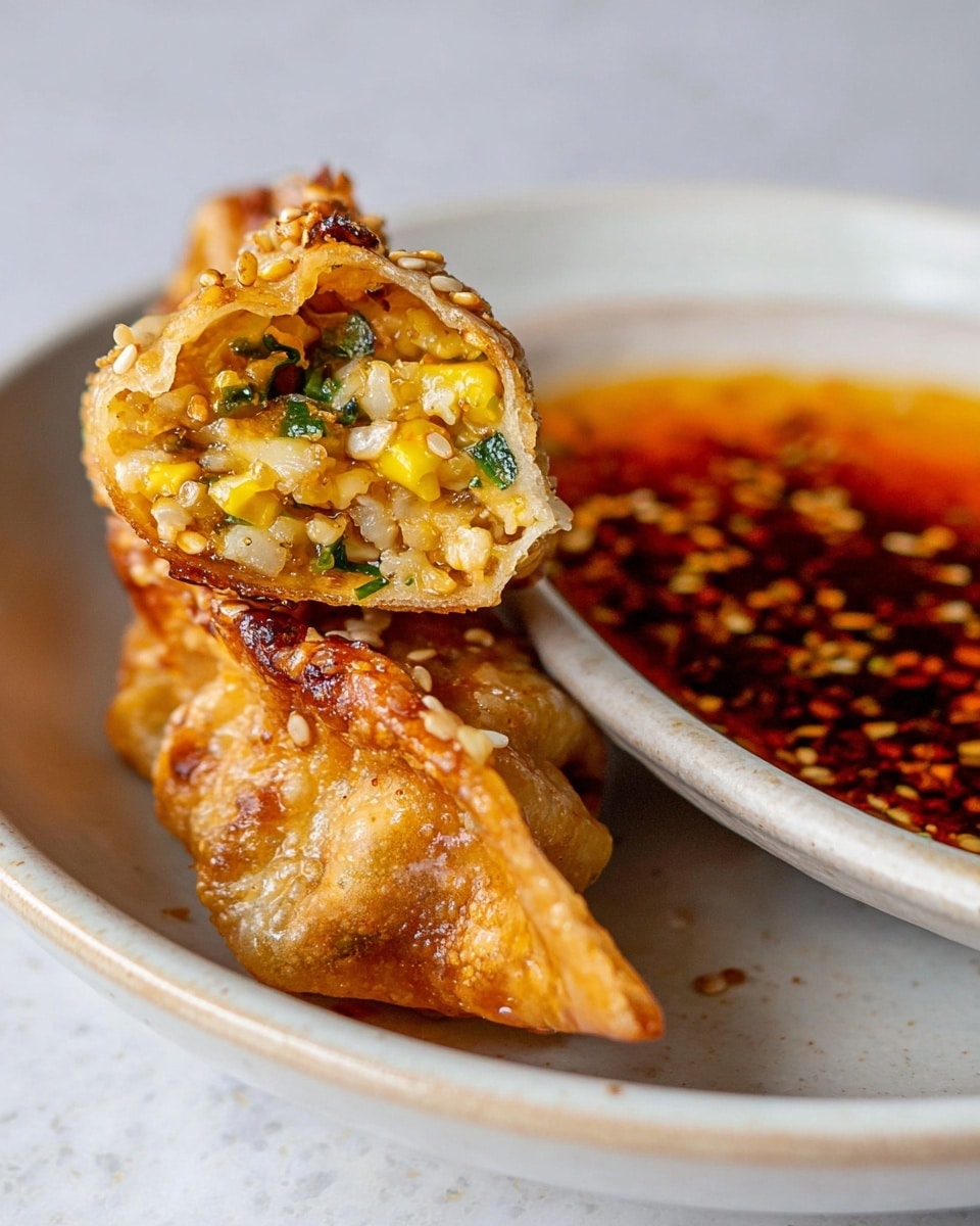 The image shows two fried dumplings stacked on a white plate with a white marbled background. The dumplings have a golden brown, slightly crispy outer layer with some sesame seeds on top. The inside reveals a filling with small pieces of yellow, green, and white ingredients, likely chopped vegetables and herbs. The dumplings are close to a bowl of reddish-brown dipping sauce with visible chili flakes. The warm colors and textures of the dumplings contrast with the smooth, light plate and background. Photo taken with an iphone --ar 4:5 --v 7