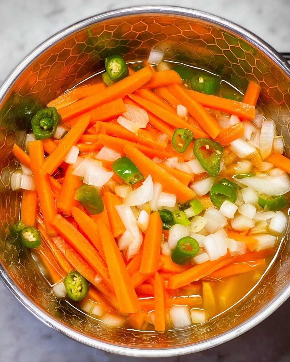 A close-up image of a pot filled with thin orange carrot sticks, small white onion chunks, and green chili slices floating in a clear liquid. The ingredients are spread evenly, showing bright and fresh colors in a shiny metal pot with a hexagonal pattern. The background is a white marbled texture photo taken with an iphone --ar 4:5 --v 7