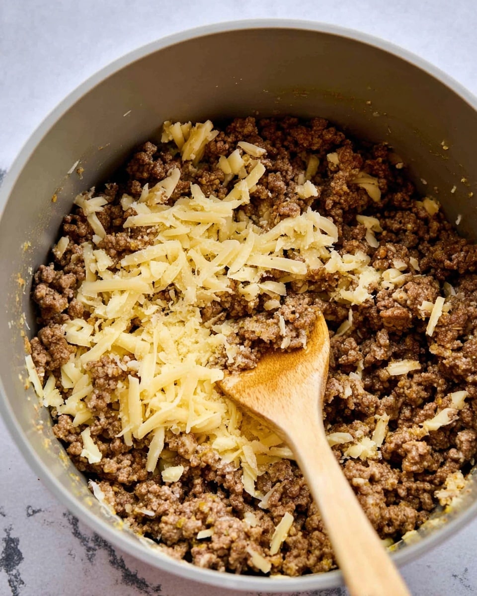 The image shows a close-up of cooked ground beef mixed with shredded cheese inside a light gray pot. The beef is brown and crumbly, with small soft pieces, while the cheese is pale yellow, scattered unevenly through the beef. A wooden spoon with a smooth texture rests inside the pot, partially mixing the ingredients. The surface beneath the pot is a white marbled texture. Photo taken with an iphone --ar 4:5 --v 7