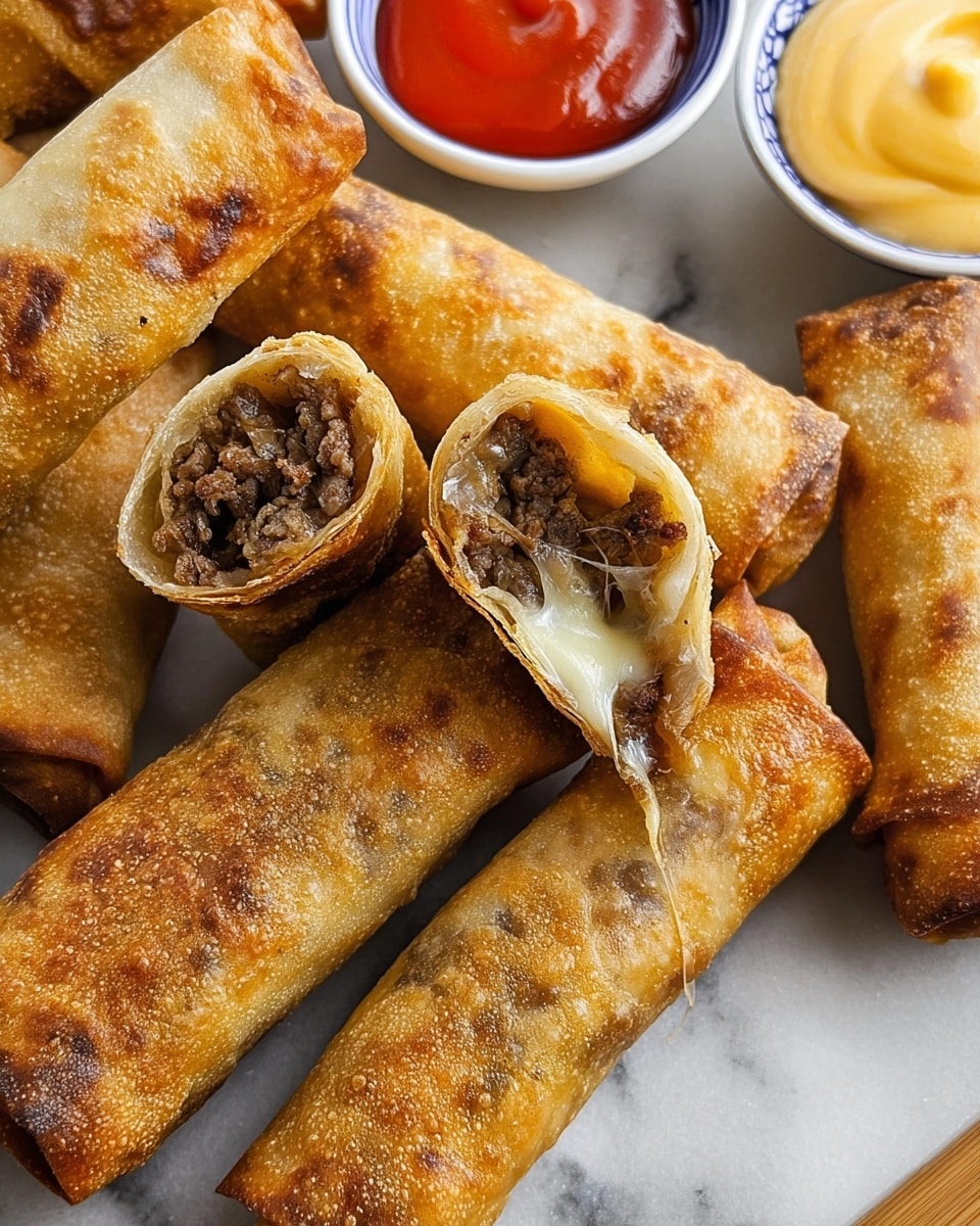 The image shows several golden brown spring rolls with a crispy outer layer stacked on a white marbled surface. Two spring rolls in the center are cut open, revealing a filling of dark brown minced meat mixed with melted, stretchy white cheese inside. On the upper right corner, there are two small white bowls with blue rims, one filled with bright red sauce and the other with light yellow creamy sauce. The textures of the spring rolls are slightly uneven with some darker browned spots, and the whole setup is bright and clear. Photo taken with an iphone --ar 4:5 --v 7