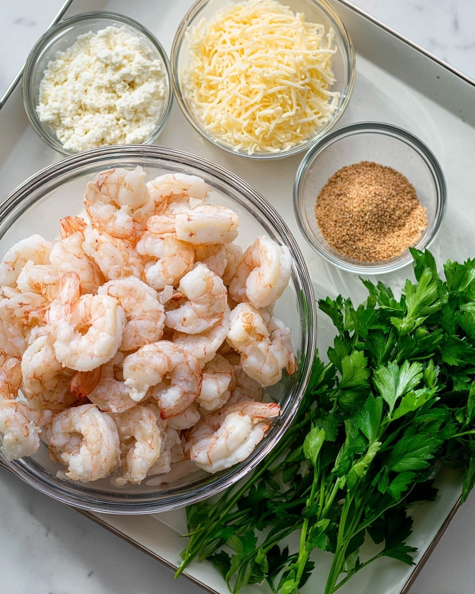 A clear glass bowl filled with many raw shrimp, light pink and white in color, sits on a white marbled surface. Behind it, on a white marbled tray, there are smaller clear bowls with shredded pale yellow cheese, white creamy cheese, light brown spice powder, and light breadcrumbs. To the right of the tray, there is a bunch of fresh bright green parsley leaves. The scene is bright and clean. Photo taken with an iphone --ar 4:5 --v 7