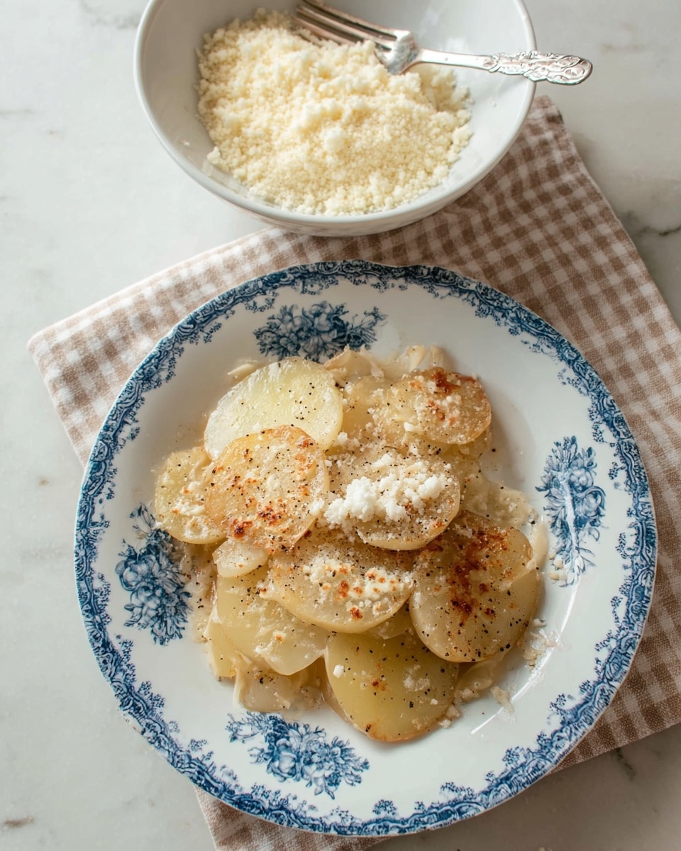 A white plate with blue floral patterns holds a dish with three layers: the bottom layer is cooked, light brown onion slices with small black seasoning specks; the middle layer has several round, slightly browned cooked potato slices arranged over the onions; the top layer is a generous sprinkle of white crumbly cheese covering the potatoes evenly. Above the plate, there is a white bowl filled with more white crumbly cheese and a silver fork resting inside. The scene is set on a white marbled surface with a beige and white checkered cloth partially visible. Photo taken with an iphone --ar 4:5 --v 7
