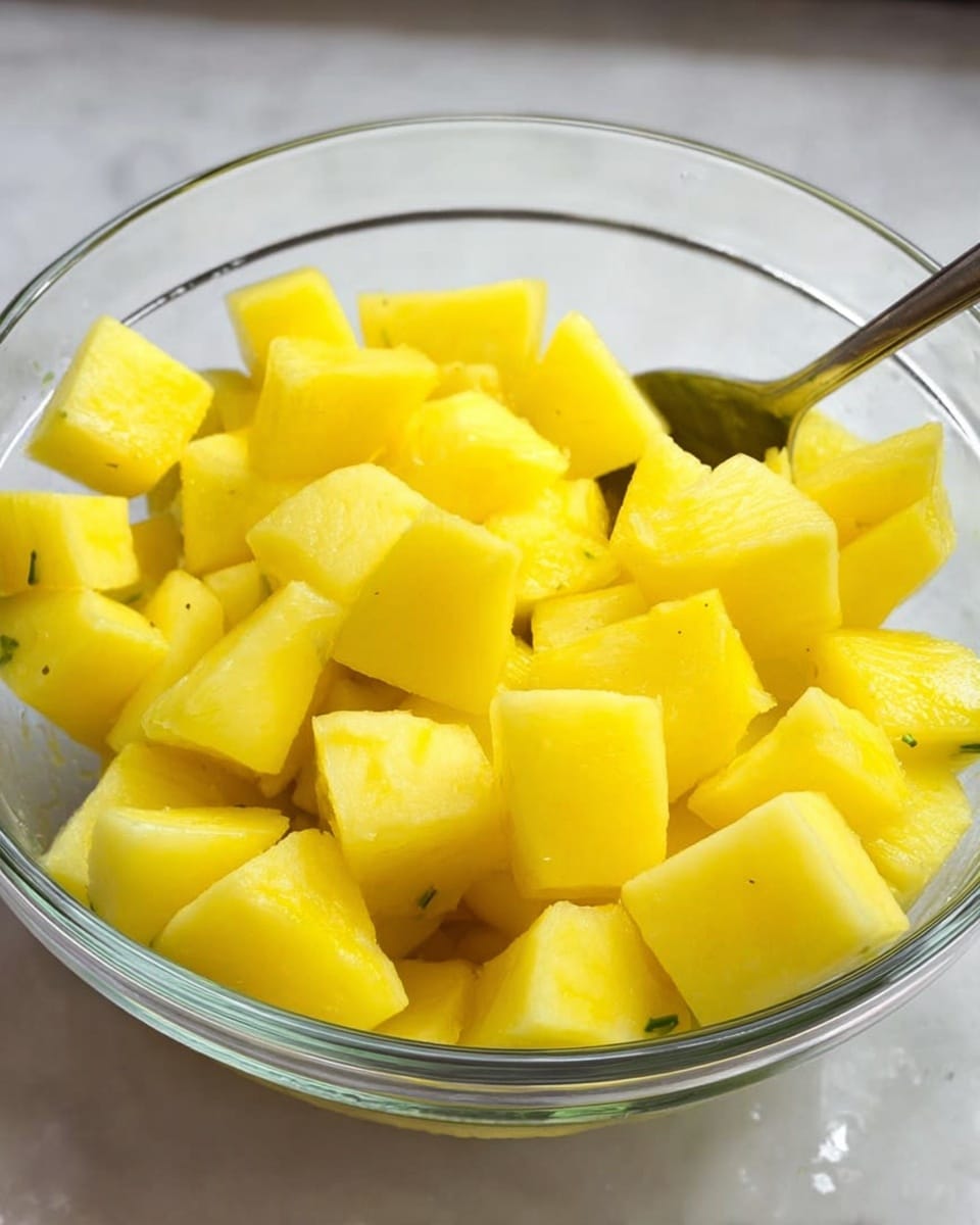 A clear glass bowl filled with many pieces of bright yellow boiled potatoes, all cut into cubes. The potato cubes have a smooth texture and a slight shine, showing they are moist. A metal spoon is inside the bowl, resting on the side and partly buried in the potatoes. The bowl is placed on a white marbled surface, giving a clean and simple look. Photo taken with an iphone --ar 4:5 --v 7