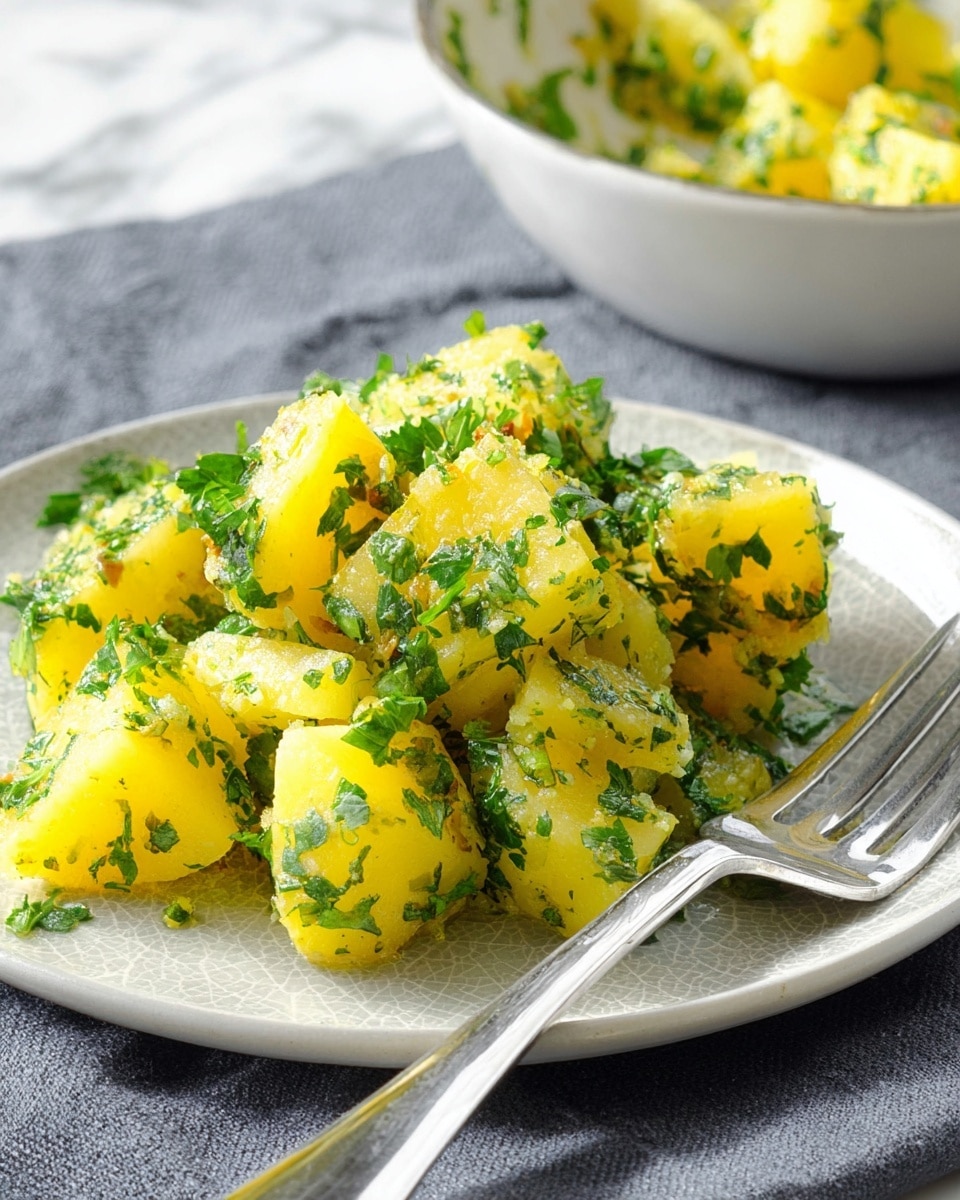 A white plate holds a serving of yellow potato chunks mixed with bright green chopped herbs, scattered evenly throughout the potatoes. The potato pieces have a soft, slightly crumbly texture with fresh herbs clinging to their surfaces, giving a fresh and vibrant look. A shiny silver fork rests on the right side of the plate, its prongs close to the potato. In the background, there is a white bowl filled with more of the same potato and herb mixture, slightly blurred. The setup is on a soft grey cloth over a white marbled surface. Photo taken with an iphone --ar 4:5 --v 7